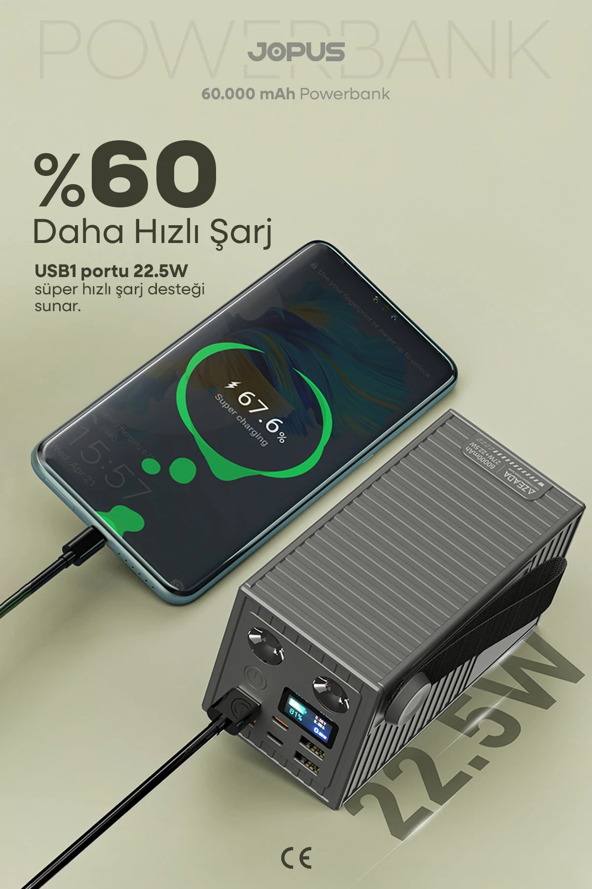 Jopus 60.000 mAh 27W Süper Hızlı Outdoor Kamp Powerbank Dijital Göstergeli Fenerli Taşınabilir Şarj Cihazı