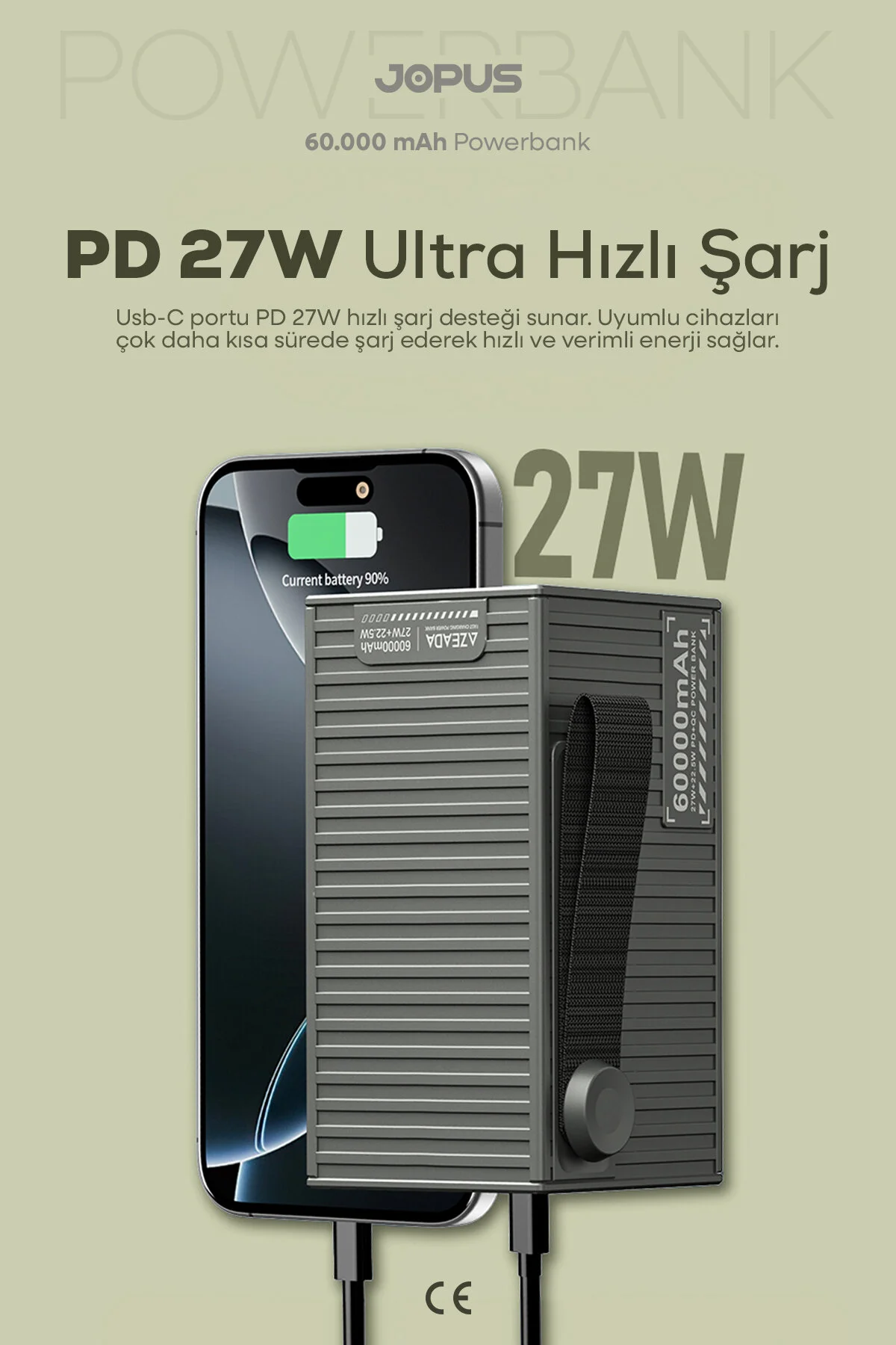 Jopus 60.000 mAh 27W Süper Hızlı Outdoor Kamp Powerbank Dijital Göstergeli Fenerli Taşınabilir Şarj Cihazı