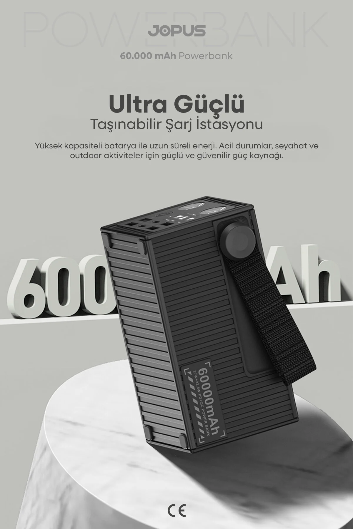 Jopus 60.000 mAh 27W Süper Hızlı Outdoor Kamp Powerbank Dijital Göstergeli Fenerli Taşınabilir Şarj Cihazı