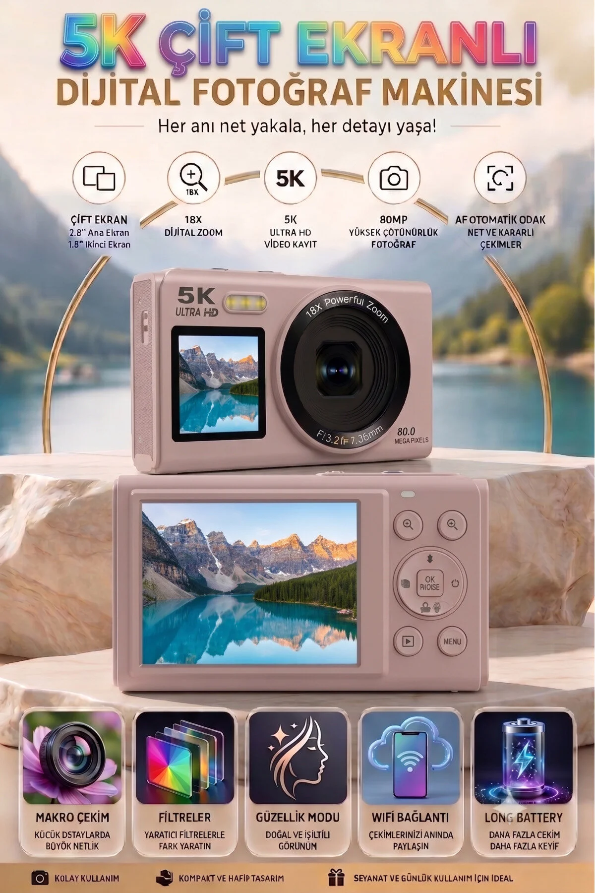 KAZEMTECH 5K Dijital Retro Video Kamera Çift Ekran 80MP / 18X Zoom / SD Kart Hediyeli /Dijital Vlog Fotoğraf Makinesi