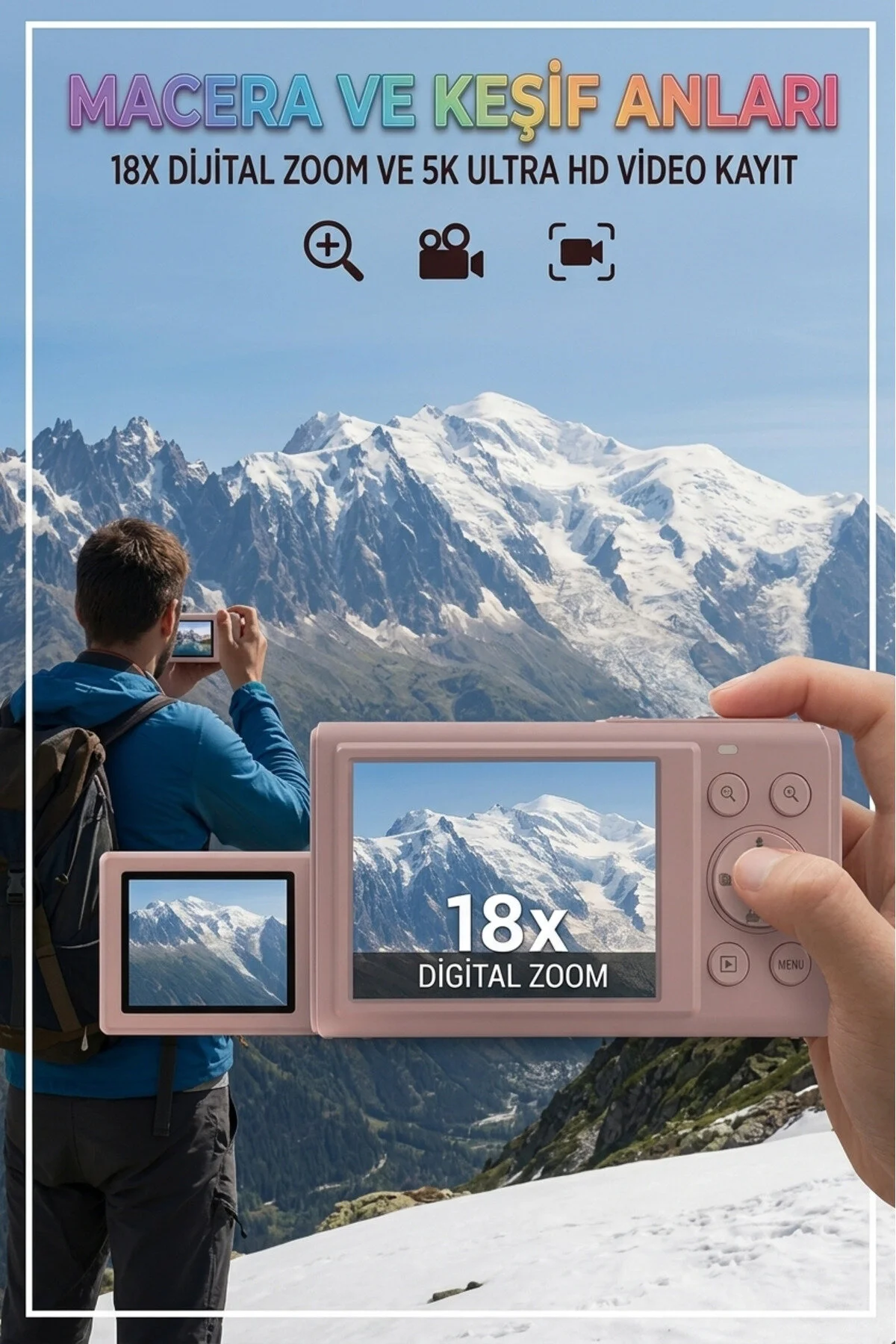 KAZEMTECH 5K Dijital Retro Video Kamera Çift Ekran 80MP / 18X Zoom / SD Kart Hediyeli /Dijital Vlog Fotoğraf Makinesi