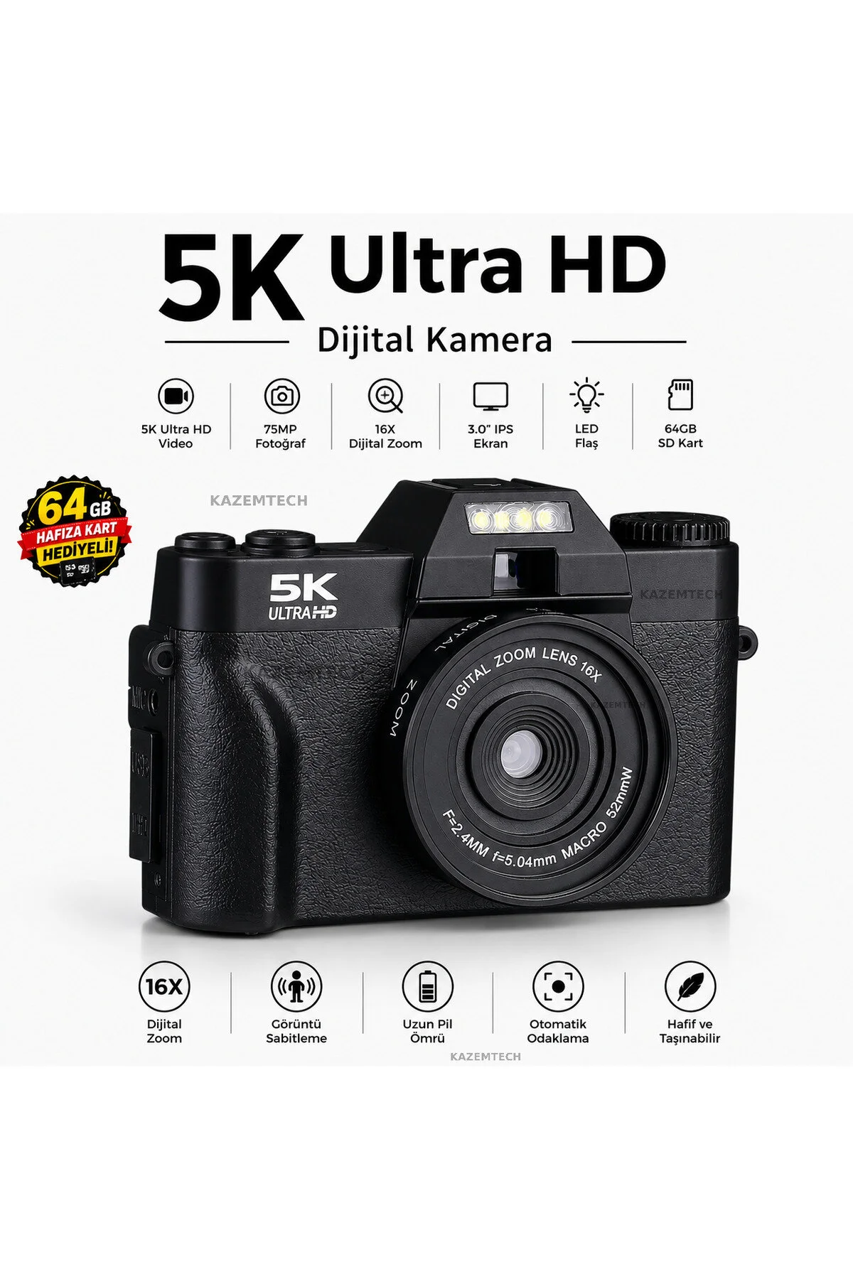 KAZEMTECH Dijital Kamera 5K Ultra HD Vlog Kamerası Güçlendirilmiş Lens 75MP 16X Zoom Flaşlı (64GB) Kart Çift Bataryalı Fotoğraf Makinesi