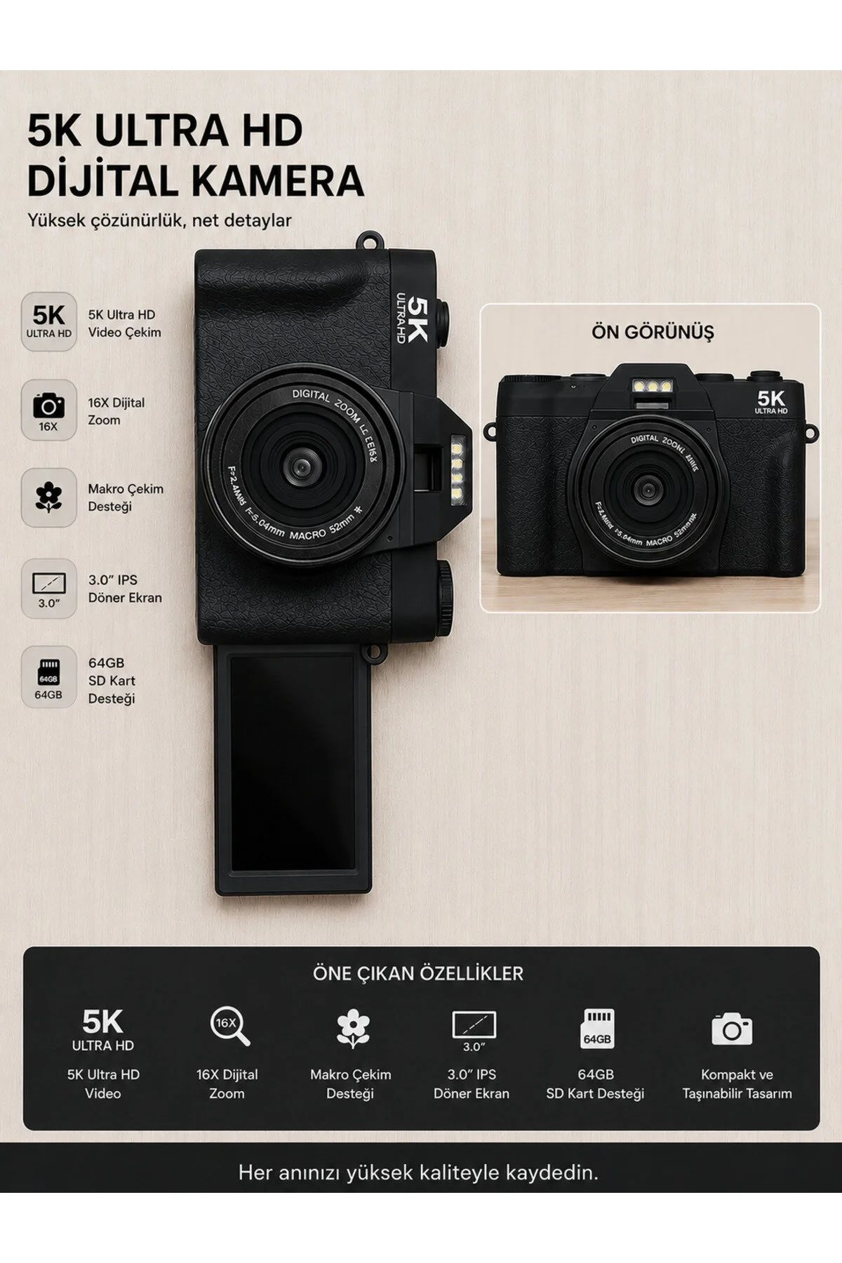 KAZEMTECH Dijital Kamera 5K Ultra HD Vlog Kamerası Güçlendirilmiş Lens 75MP 16X Zoom Flaşlı (64GB) Kart Çift Bataryalı Fotoğraf Makinesi