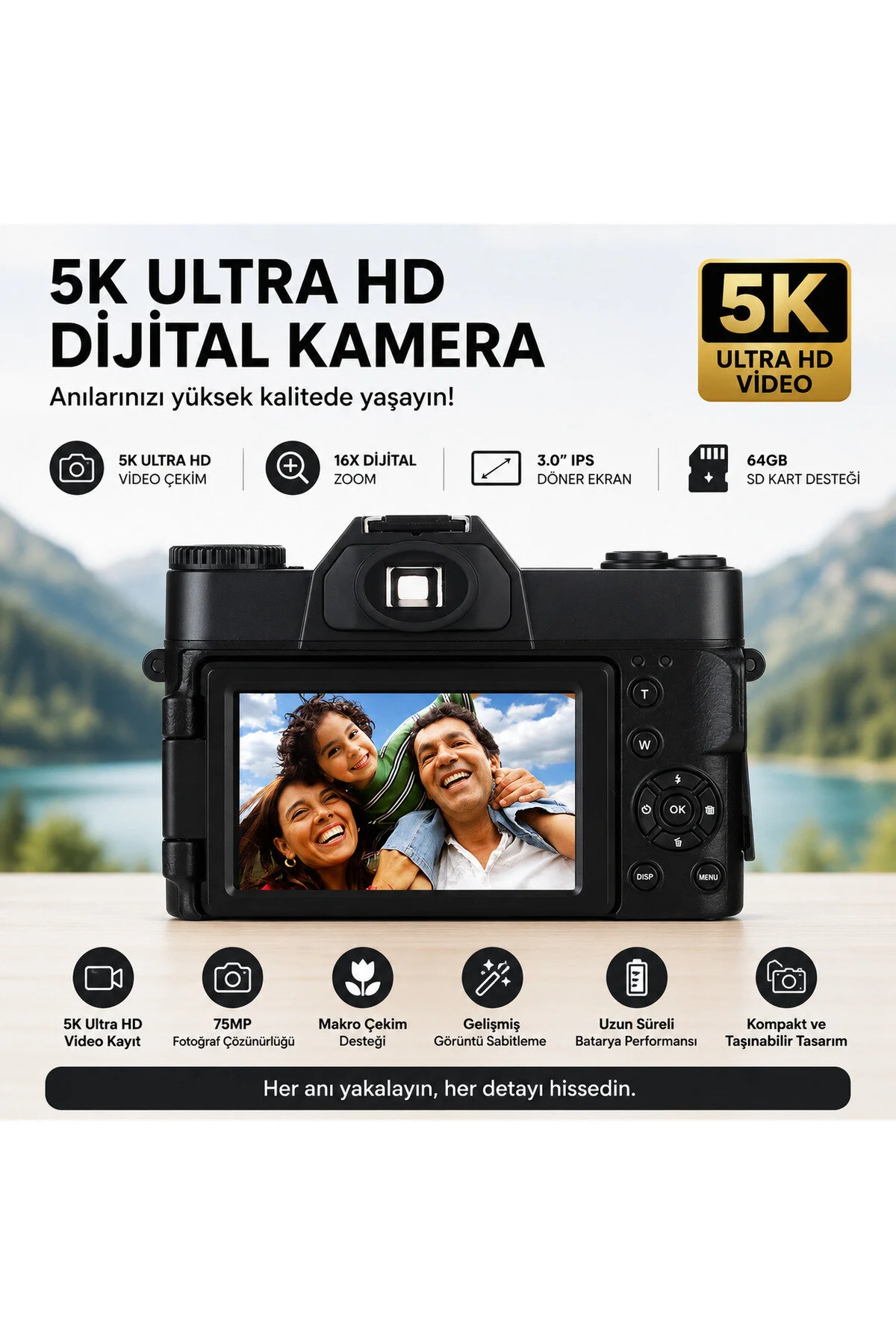 KAZEMTECH Dijital Kamera 5K Ultra HD Vlog Kamerası Güçlendirilmiş Lens 75MP 16X Zoom Flaşlı (64GB) Kart Çift Bataryalı Fotoğraf Makinesi
