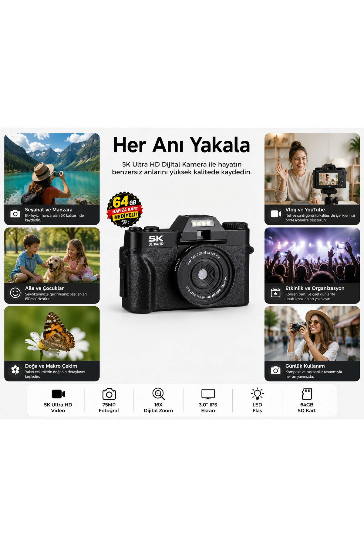 KAZEMTECH Dijital Kamera 5K Ultra HD Vlog Kamerası Güçlendirilmiş Lens 75MP 16X Zoom Flaşlı (64GB) Kart Çift Bataryalı Fotoğraf Makinesi