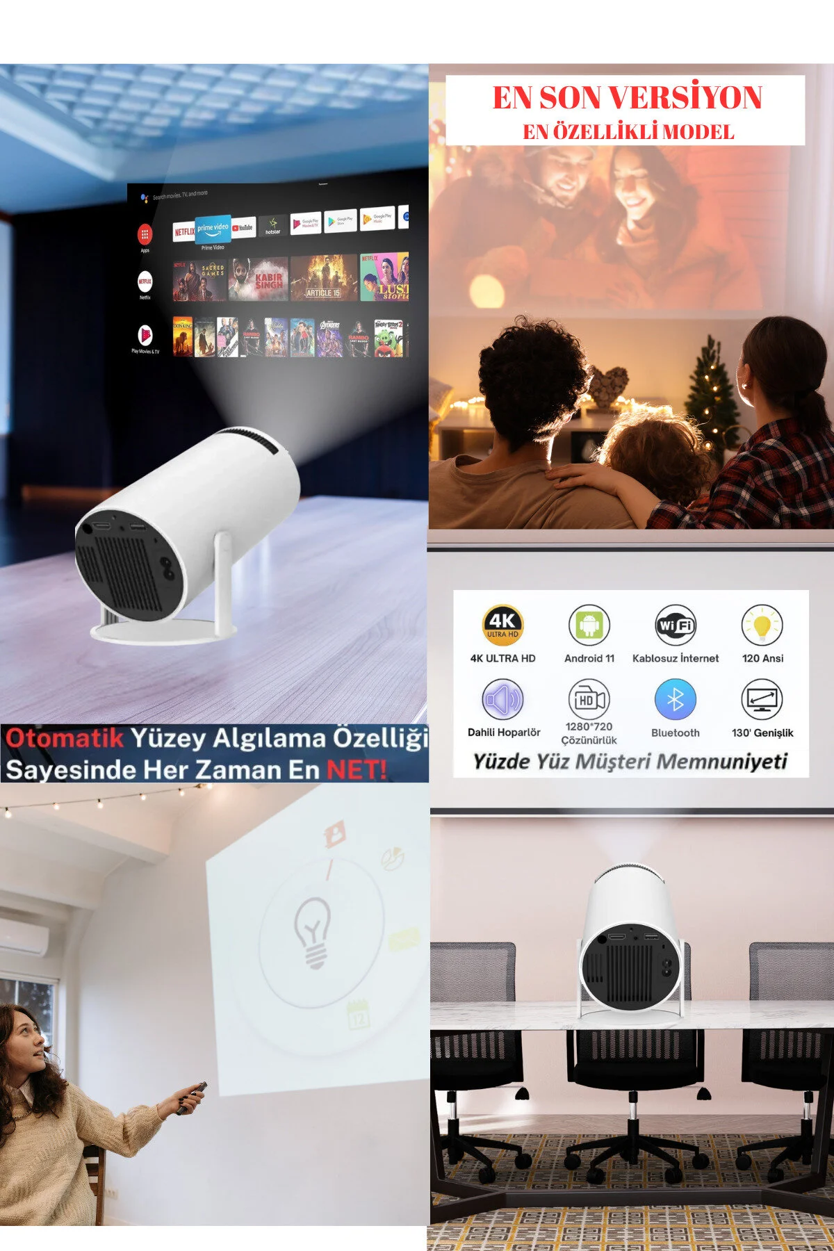 KETENOFFİCİAL Android Taşınabilir Projeksiyon Dahili Hoparlör ve Wifi Akıllı Sinema Beyaz Projektör