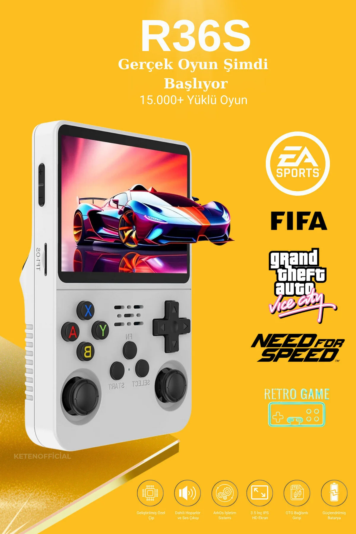 KETENOFFİCİAL R36S Retro Oyun Konsolu 15.000+ Konsol Oyunu Yeni Nesil El Atarisi 64 Gb Hd Ekran Beyaz