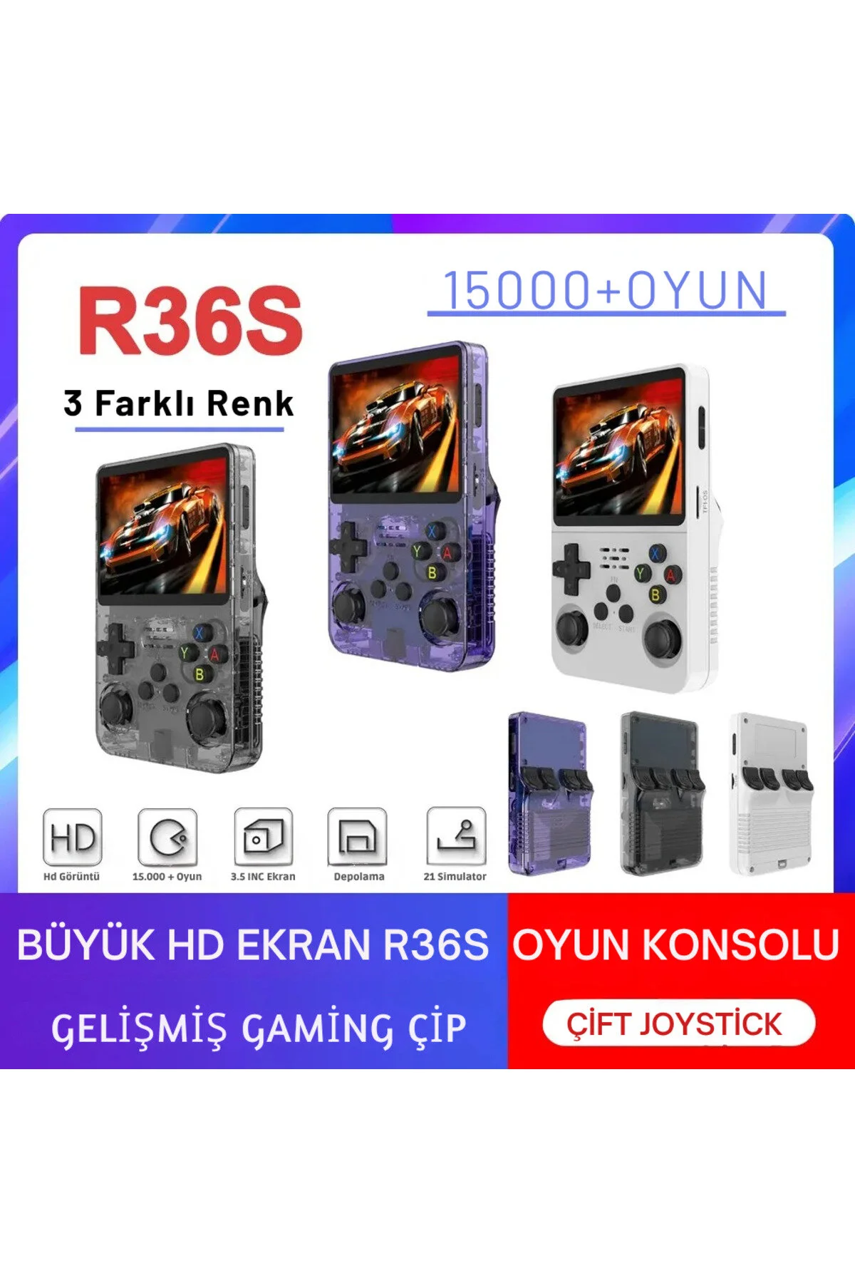 KETENOFFİCİAL R36S Retro Oyun Konsolu 15.000+ Konsol Oyunu Yeni Nesil El Atarisi 64 Gb Hd Ekran Beyaz