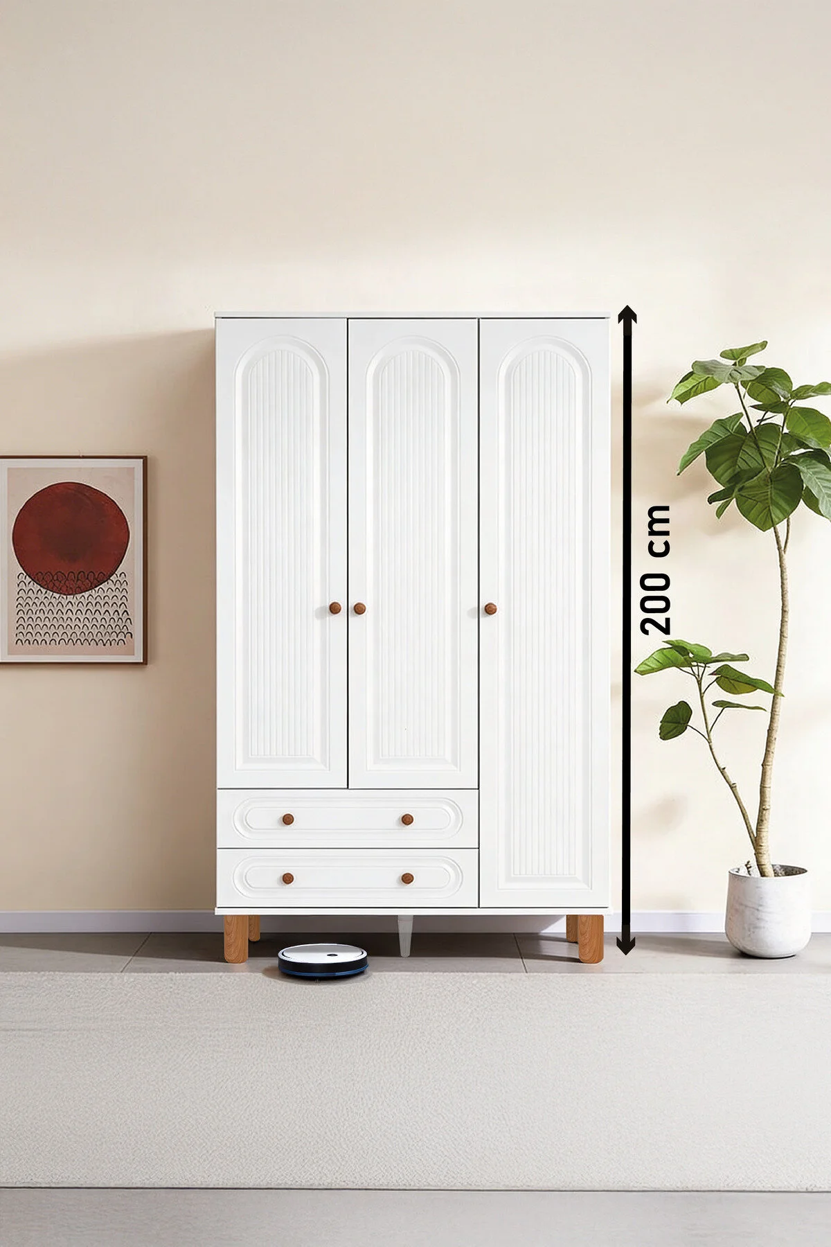 Kilim Mobilya Bohera Bohem Üç Kapaklı Dolap (MDF kapaklı, yüksek ayaklı, iki çekmeceli , 200cm yükseklikte)