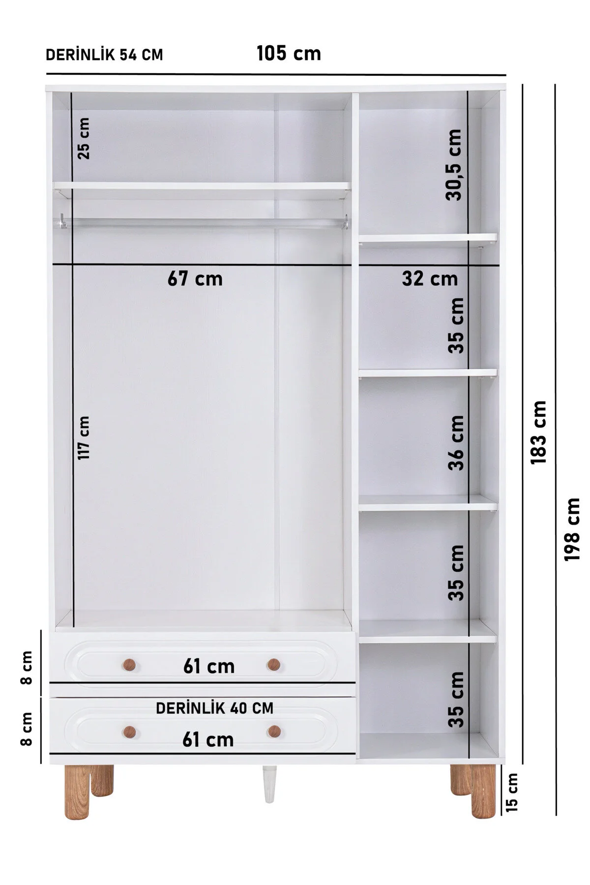 Kilim Mobilya Bohera Bohem Üç Kapaklı Dolap (MDF kapaklı, yüksek ayaklı, iki çekmeceli , 200cm yükseklikte)