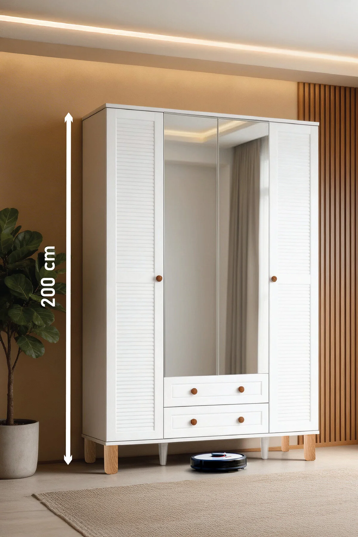 Kilim Mobilya Country Life Plus Aynalı Dört Kapaklı Dolap (MDF kapak, yüksek ayak, iki çekmece, 200cm yükseklik)