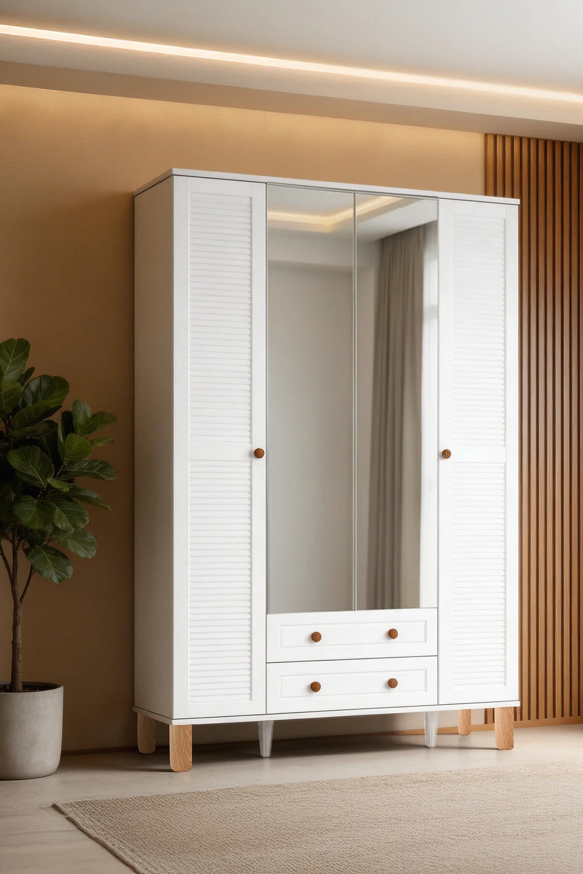 Kilim Mobilya Country Life Plus Aynalı Dört Kapaklı Dolap (MDF kapak, yüksek ayak, iki çekmece, 200cm yükseklik)