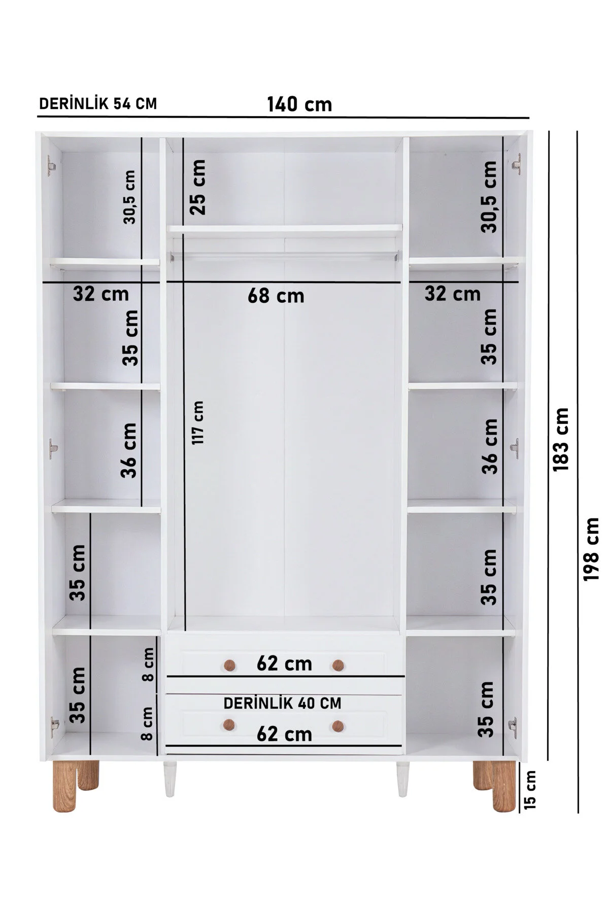 Kilim Mobilya Country Life Plus Aynalı Dört Kapaklı Dolap (MDF kapak, yüksek ayak, iki çekmece, 200cm yükseklik)