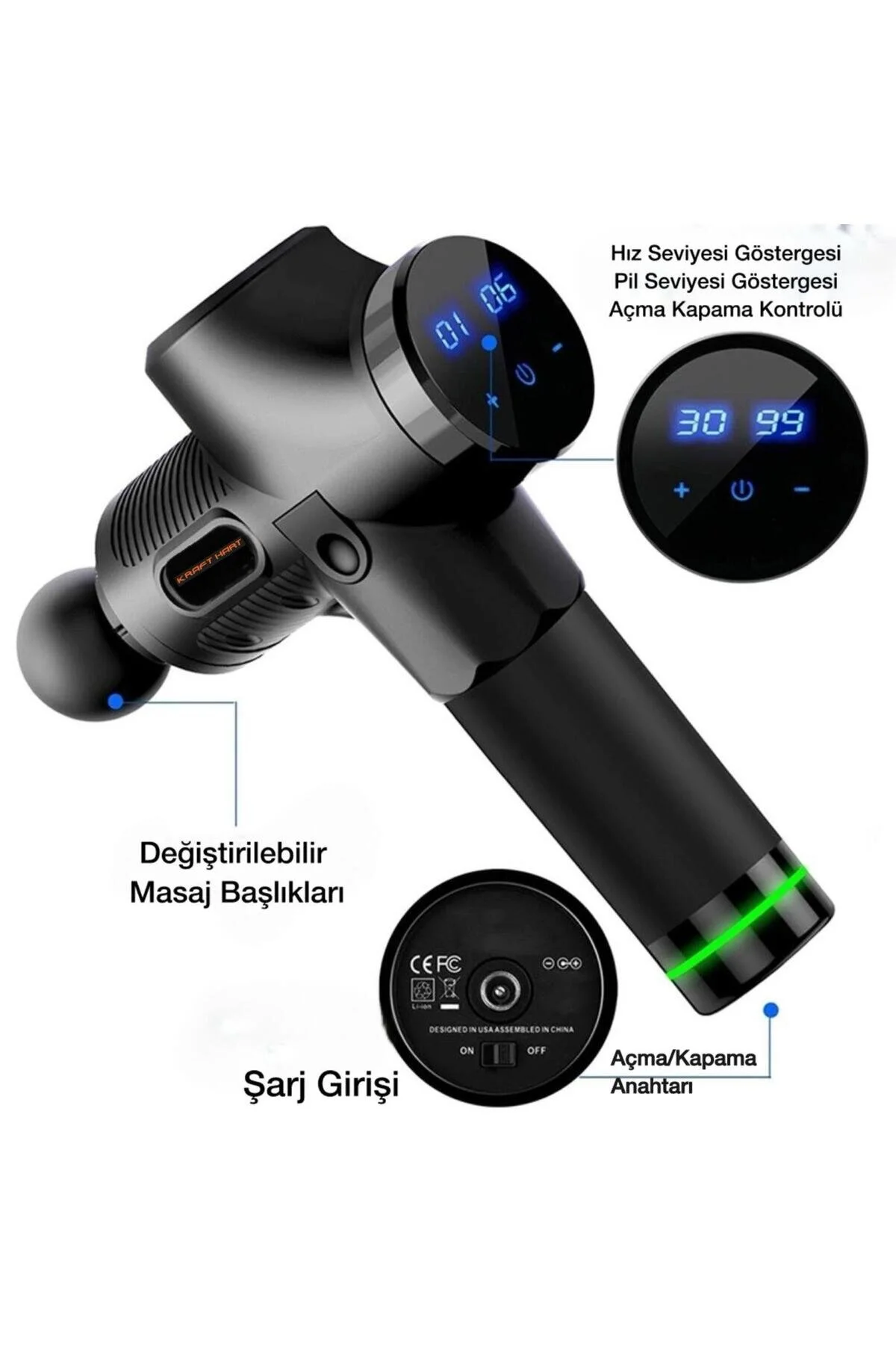 KRAFT HART Masaj Aleti Şarjlı Masaj Tabancası Sporcu Masaj 6 Başlıklı Şarjlı Vurmalı
