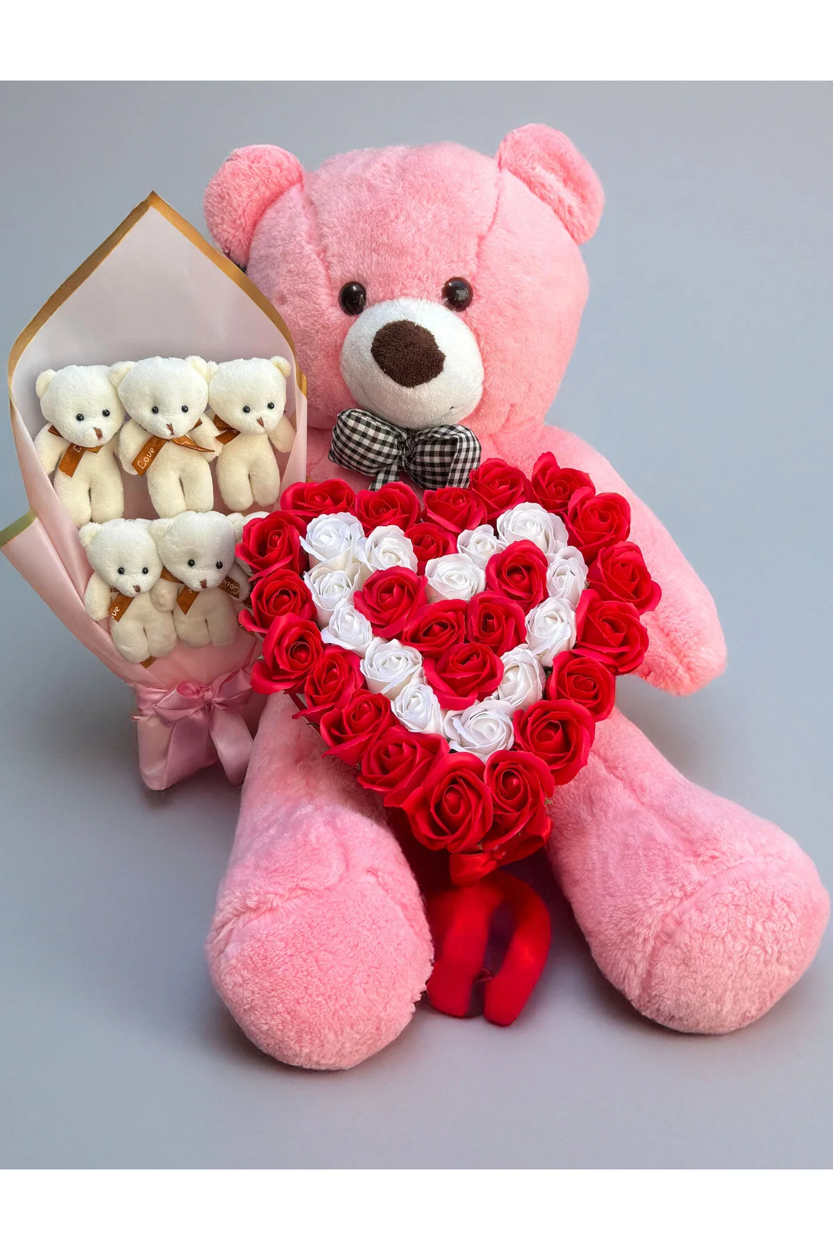Linalux Gifts Sevgiliye Hediye 90cm Pembe Ayıcık Kalp Gül Aranjman ve Ayıcık Buketi - Sevgiliye Dogum Gunu Hediye