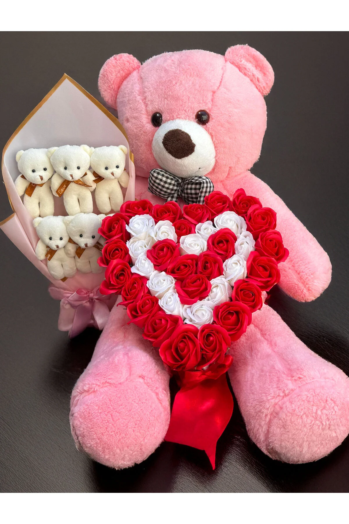 Linalux Gifts Sevgiliye Hediye 90cm Pembe Ayıcık Kalp Gül Aranjman ve Ayıcık Buketi - Sevgiliye Dogum Gunu Hediye