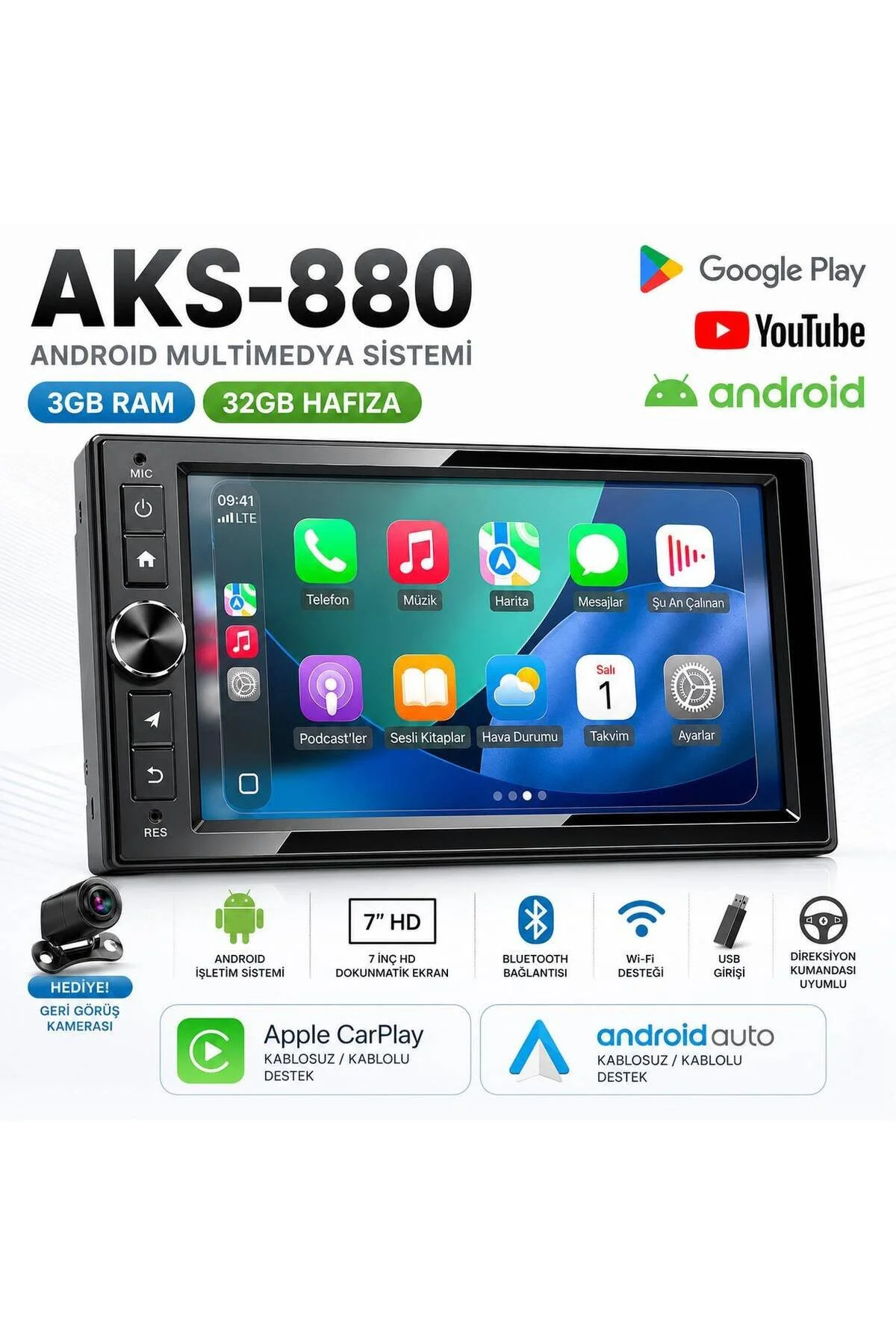 Mehter Aks-880 3gb Ram 32Gb Hafıza Android Multimedya Car Playli Double Teyp Tuşlu Model 7inç Youtube Kamera