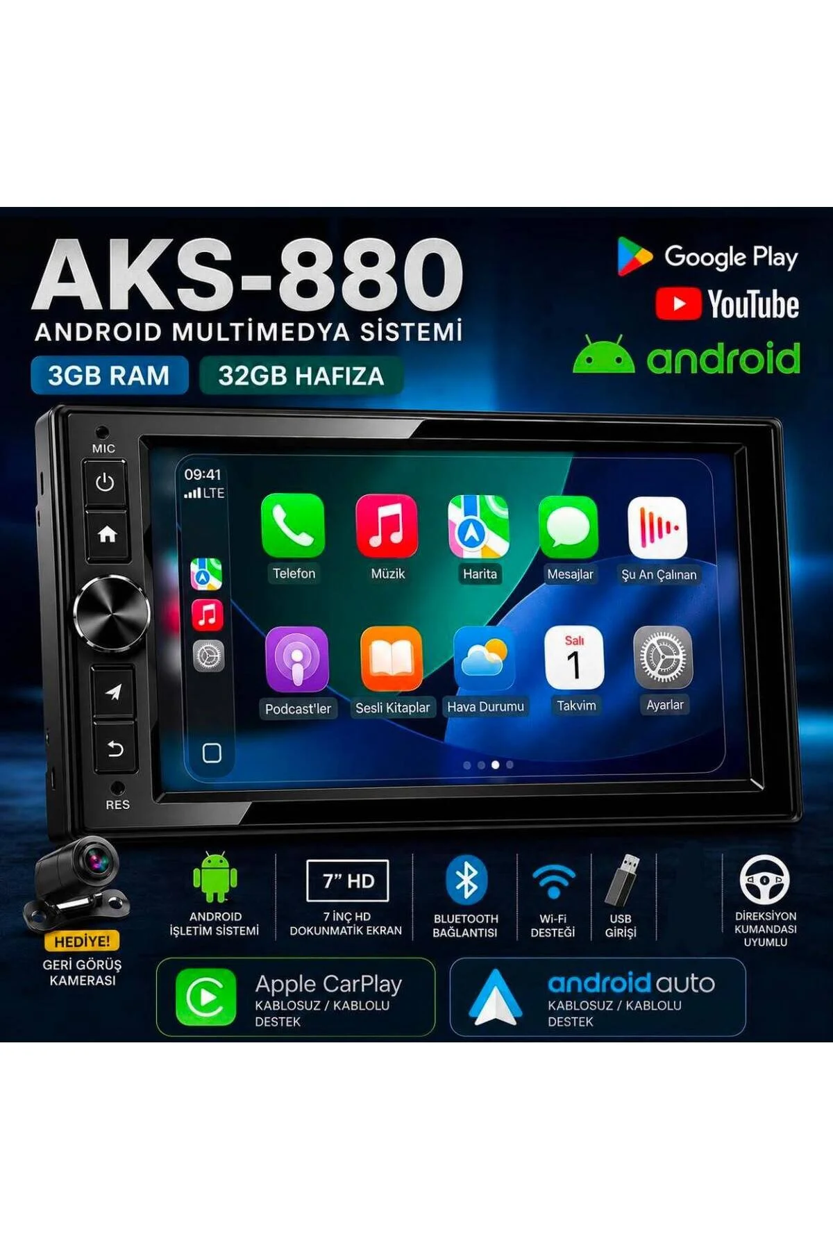 Mehter Aks-880 3gb Ram 32Gb Hafıza Android Multimedya Car Playli Double Teyp Tuşlu Model 7inç Youtube Kamera
