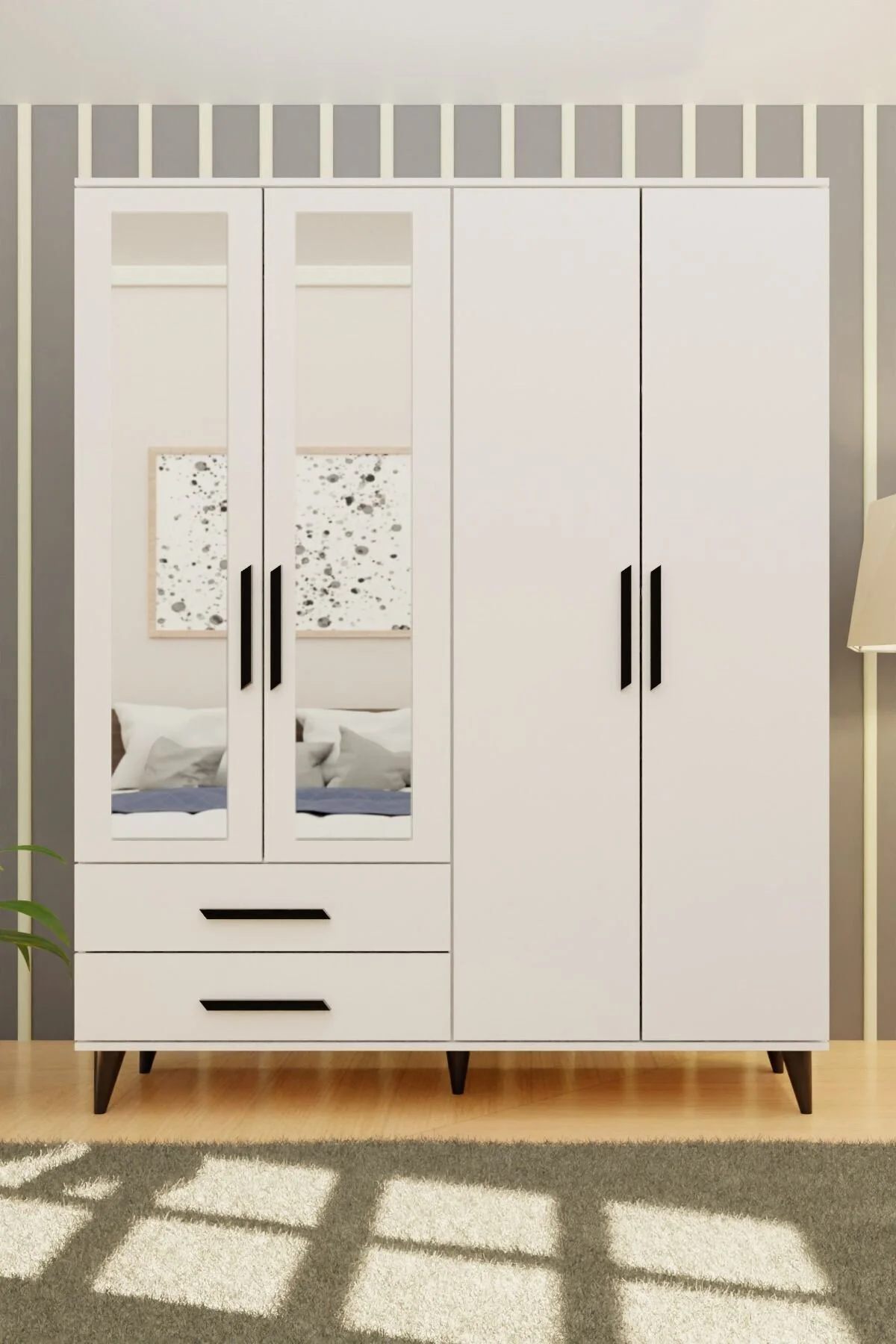 Metalia GM 070-B NOVADO SİYAH KULPLU AYAKLI AYNALI GARDIROP