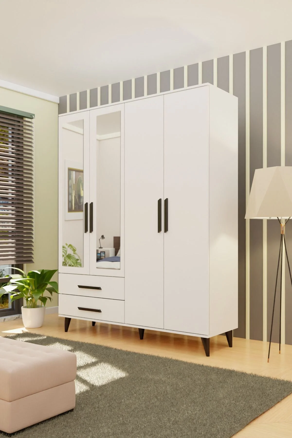 Metalia GM 070-B NOVADO SİYAH KULPLU AYAKLI AYNALI GARDIROP