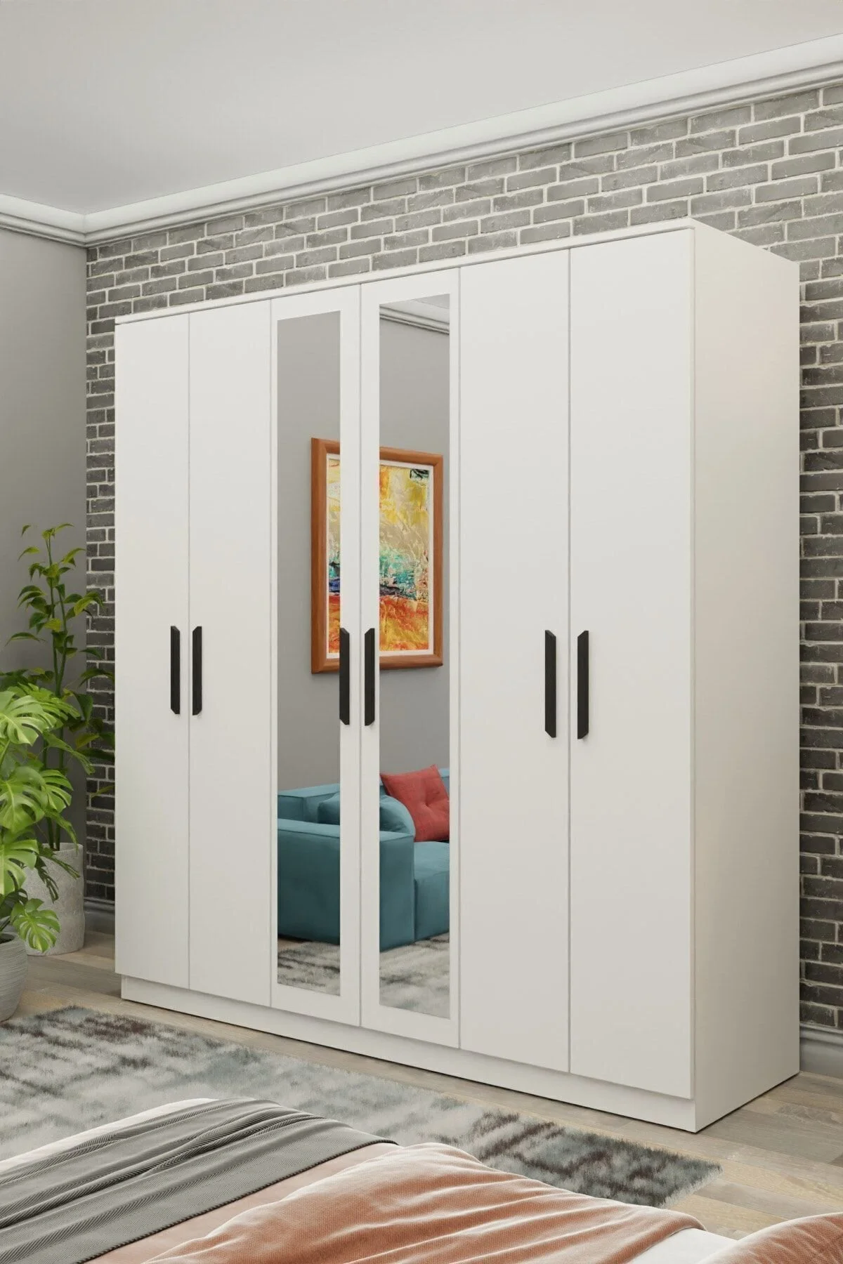 Metalia Gm 081 Favorite 6 Kapılı Aynalı Beyaz Siyah Kulplu Gardırop