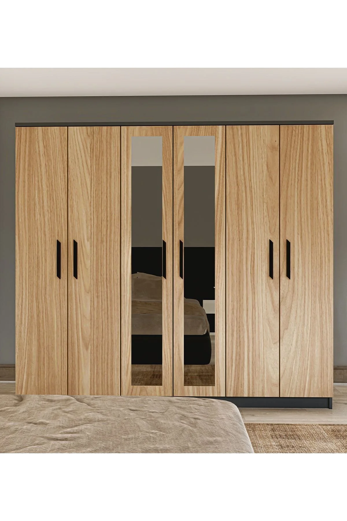 Metalia Gm 088 Favorite 6 Kapılı Aynalı Sonomo - Antrasit Gri Siyah Kulplu Gardırop
