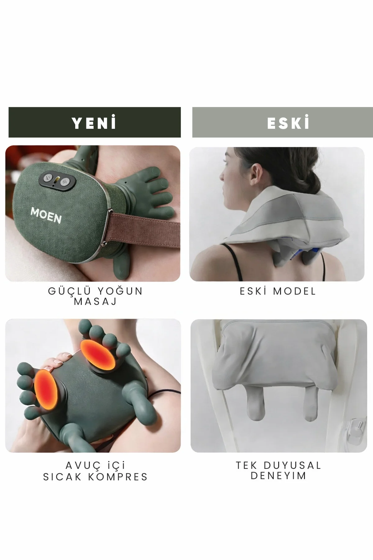 MOEN Parmakla Yoğuran El Hissi Sunan Isıtmalı Masaj Aleti (Taşınabilir,Şarjlı) | Boyun,Sırt,Omuz,Bacak