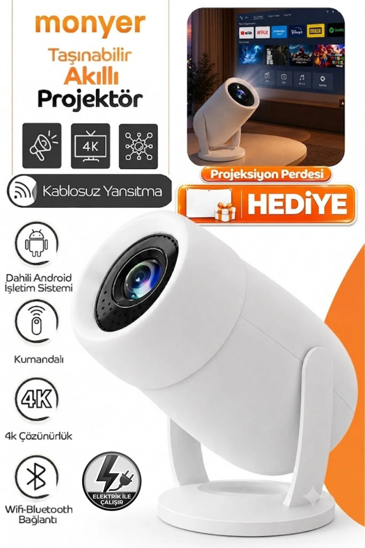 Monyer Taşınabilir 4K Android Projektör Wifi Bluetooth Destekli Akıllı Sinema Projeksiyon Cihazı Ekran Yansıtma