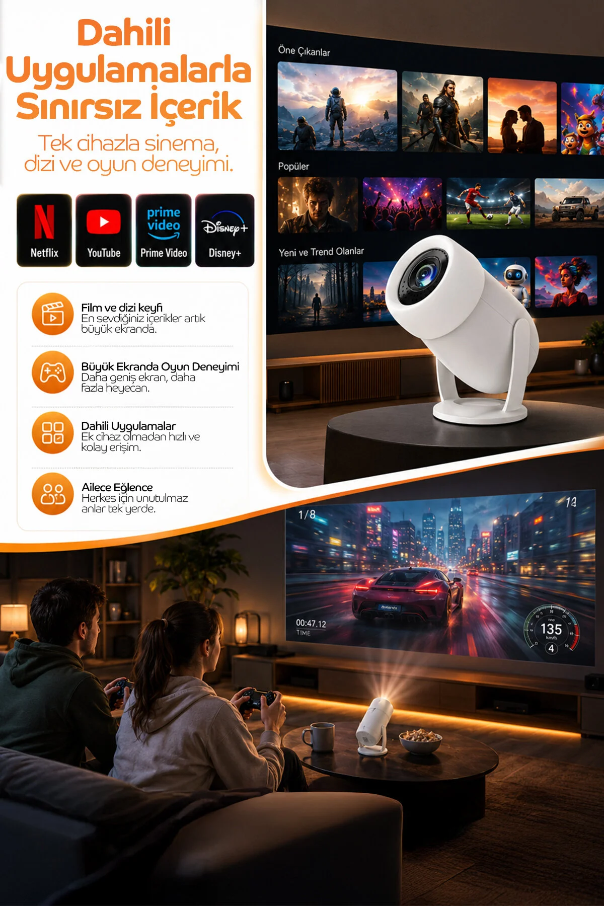 Monyer Taşınabilir 4K Android Projektör Wifi Bluetooth Destekli Akıllı Sinema Projeksiyon Cihazı Ekran Yansıtma
