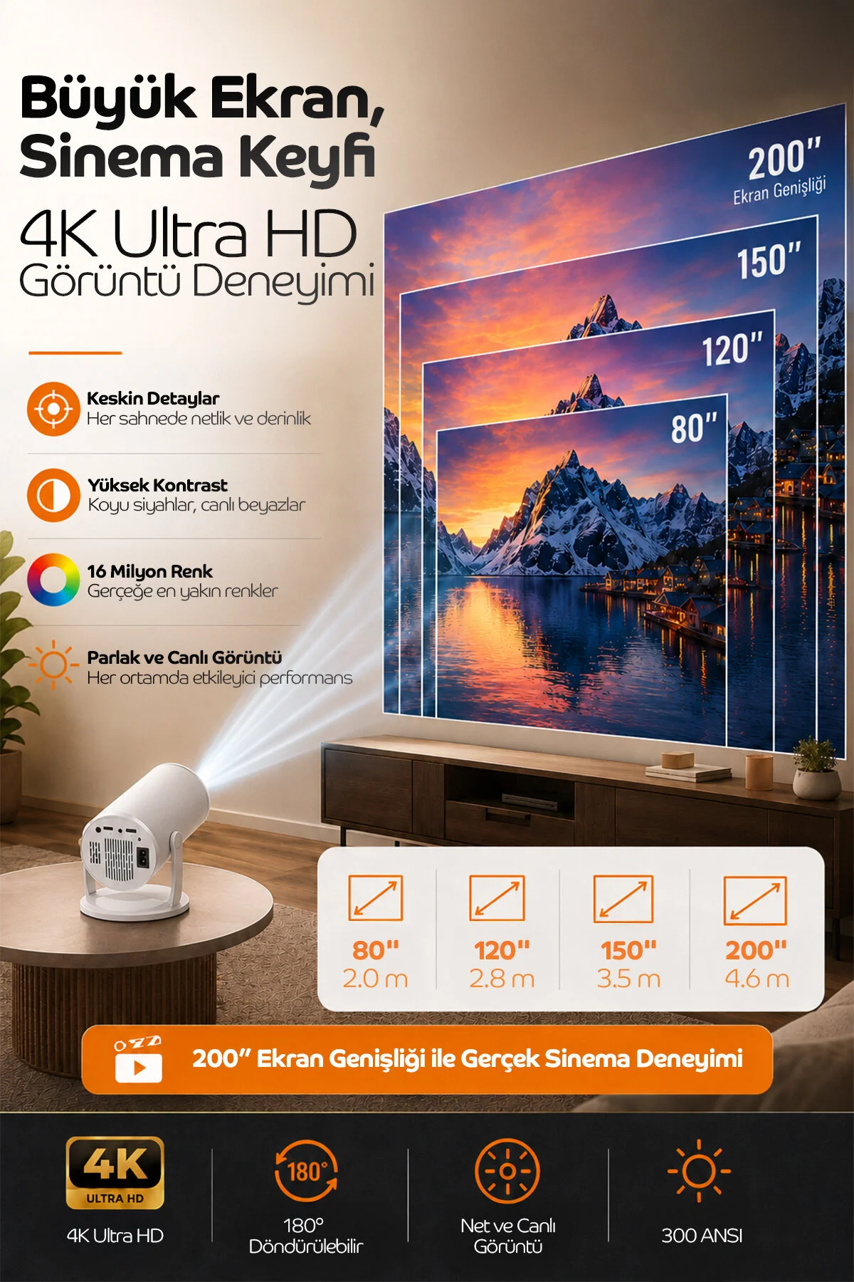 Monyer Taşınabilir 4K Android Projektör Wifi Bluetooth Destekli Akıllı Sinema Projeksiyon Cihazı Ekran Yansıtma