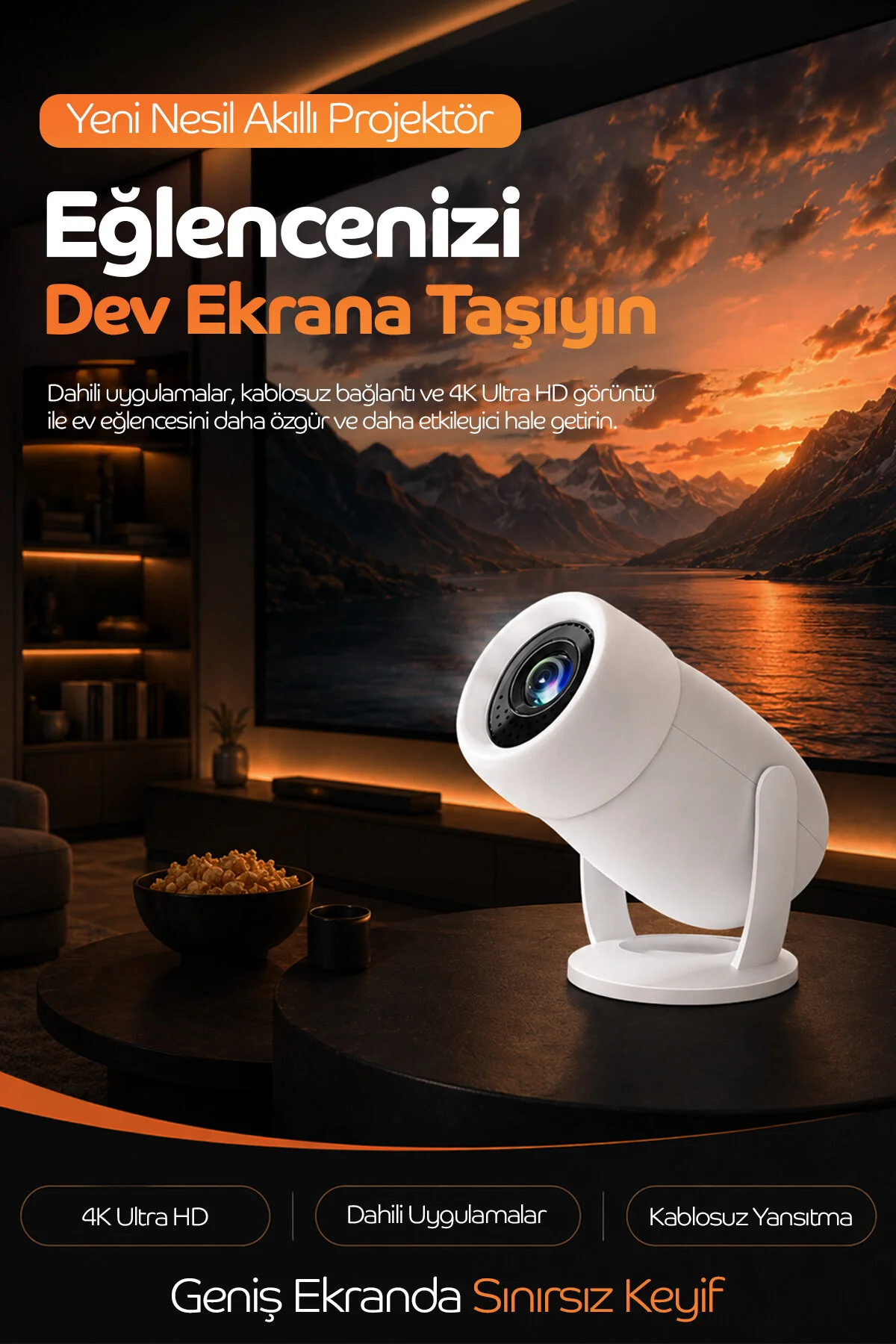 Monyer Taşınabilir 4K Android Projektör Wifi Bluetooth Destekli Akıllı Sinema Projeksiyon Cihazı Ekran Yansıtma
