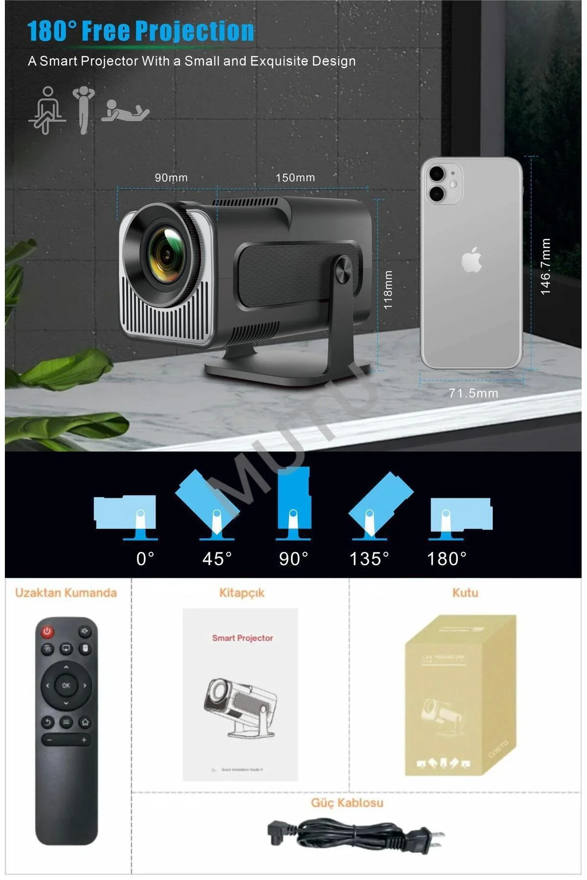 MUTU HY320 MİNİ ORİJİNAL HD Taşınabilir Projeksiyon Son Versiyon Android Wifi BT Akıllı Sinema Projektör