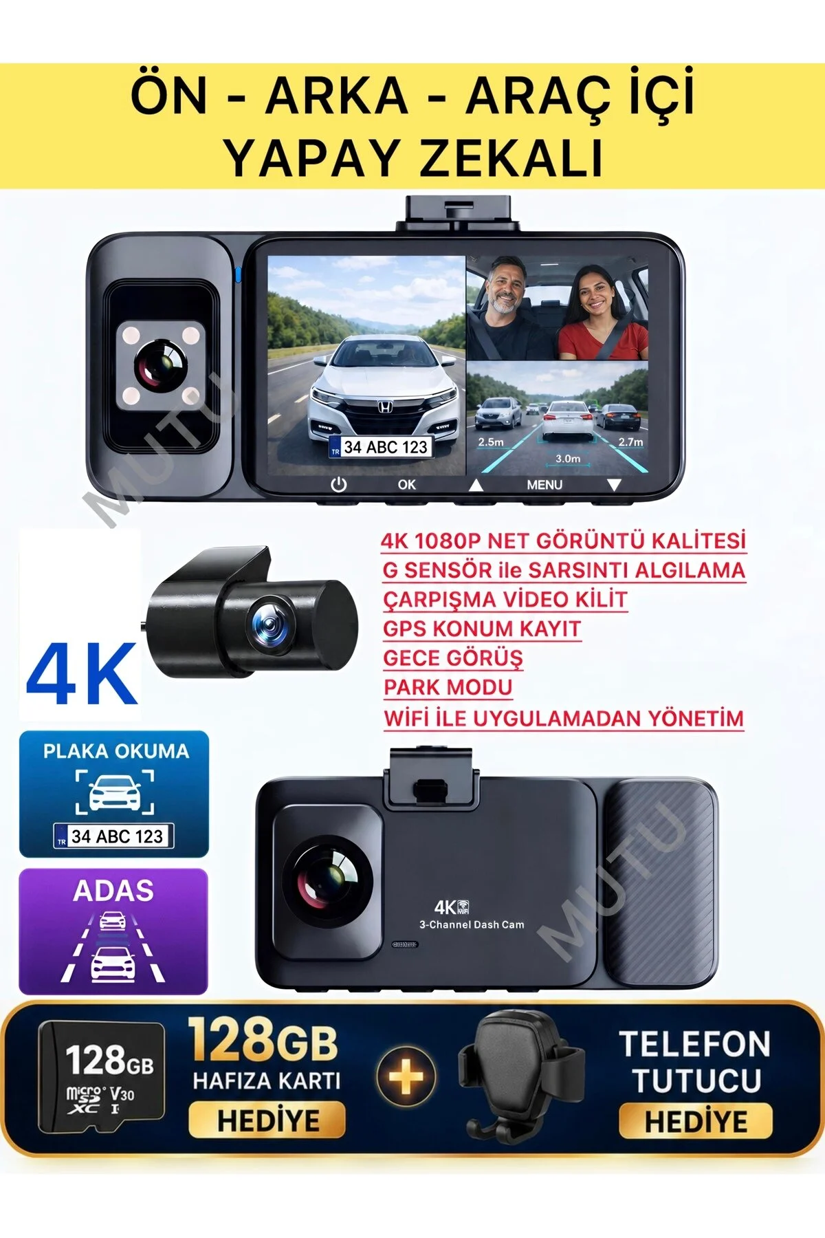 MUTU K02 PROMAX 4K 1080P Full HD 3 Kameralı GPS G Sensör Wifi Gece Görüş Ön Arka İç Araç İçi Dışı Kamera