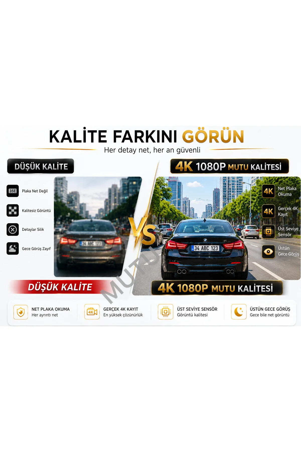 MUTU K02 PROMAX 4K 1080P Full HD 3 Kameralı GPS G Sensör Wifi Gece Görüş Ön Arka İç Araç İçi Dışı Kamera