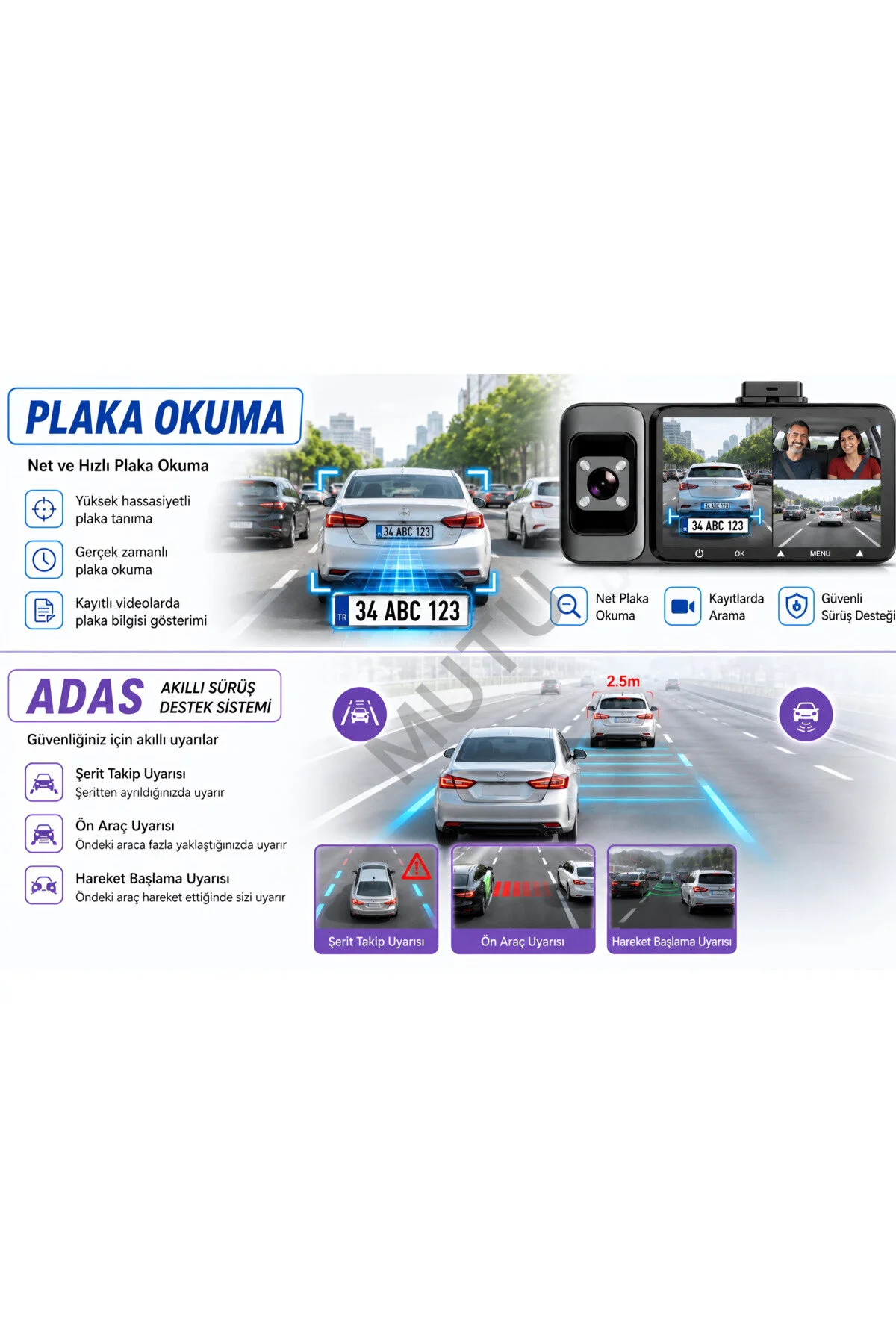 MUTU K02 PROMAX 4K 1080P Full HD 3 Kameralı GPS G Sensör Wifi Gece Görüş Ön Arka İç Araç İçi Dışı Kamera