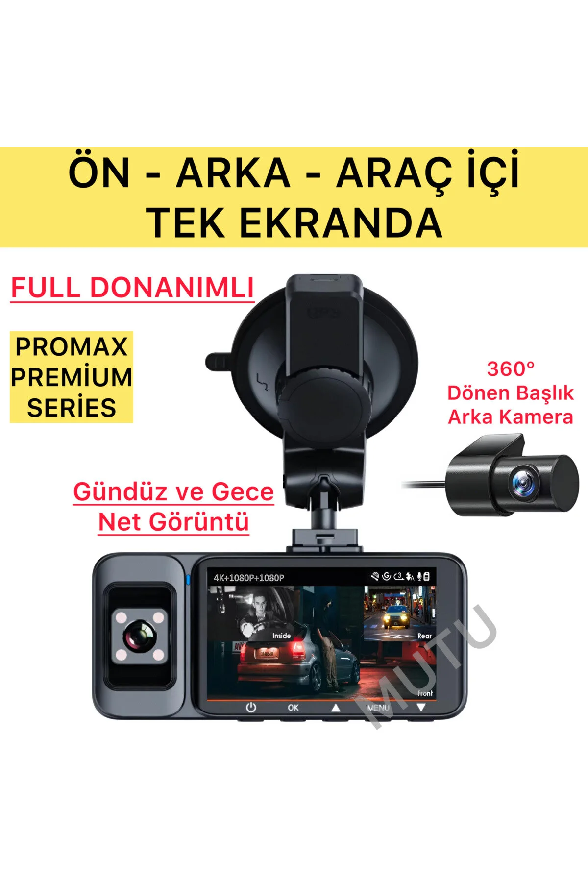 MUTU K02 PROMAX 4K 1080P Full HD 3 Kameralı GPS G Sensör Wifi Gece Görüş Ön Arka İç Araç İçi Dışı Kamera