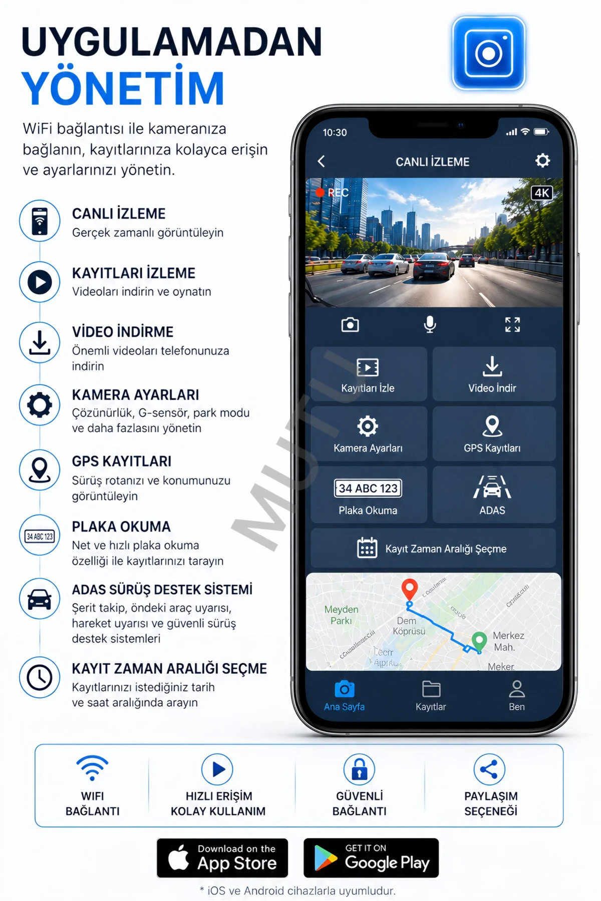 MUTU K02 PROMAX 4K 1080P Full HD 3 Kameralı GPS G Sensör Wifi Gece Görüş Ön Arka İç Araç İçi Dışı Kamera