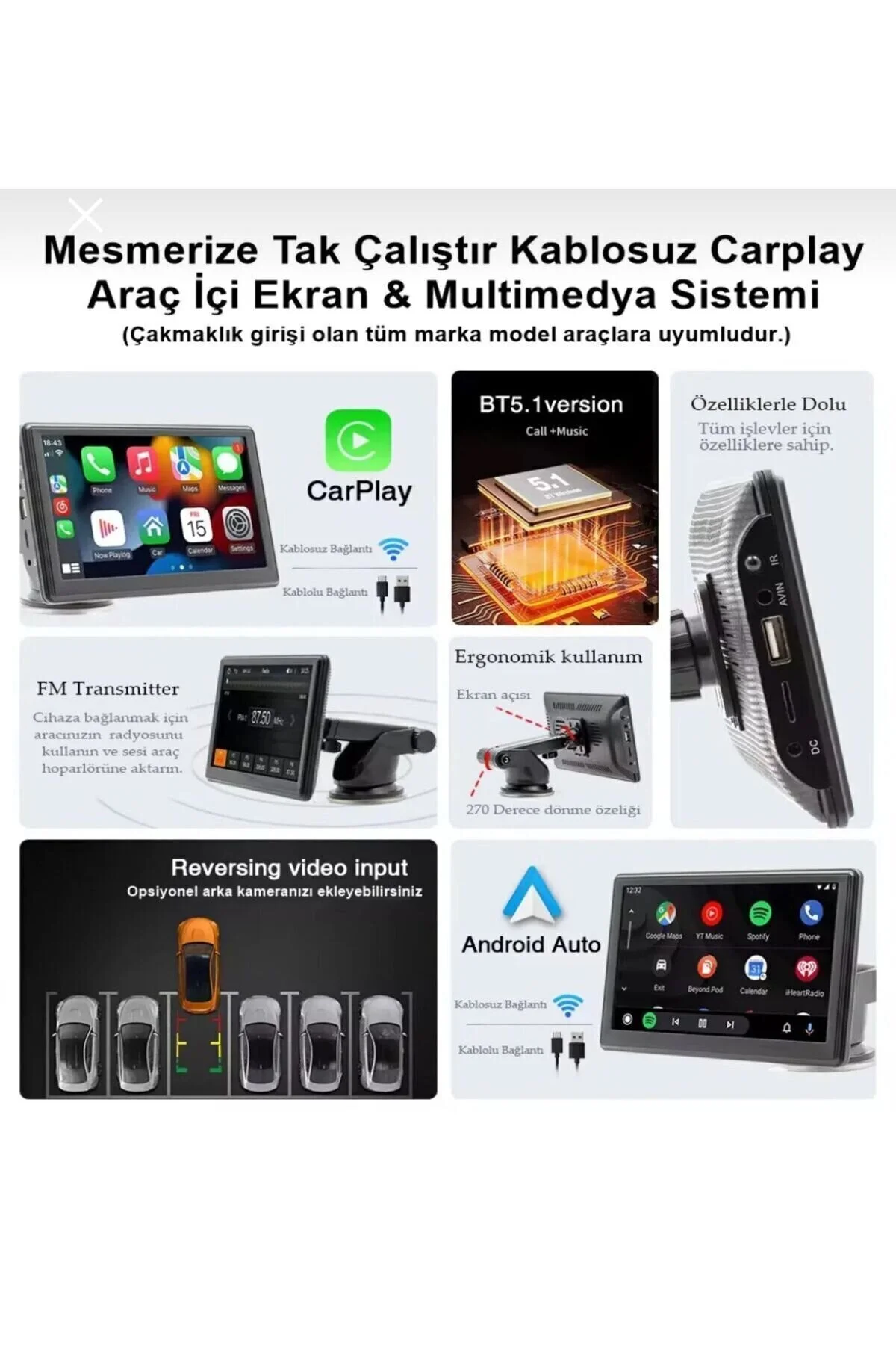 Navigold 7" Tak Çalıştır Kablosuz Apple Carplay Ve Android Auto Oto Multimedya Araç Araba Ekran double teyp
