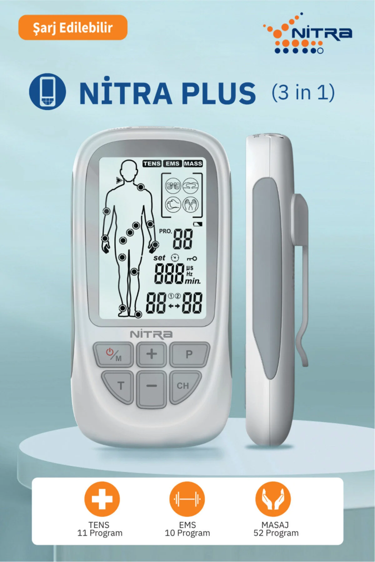 NitraPlus Şarj Edilebilir 2 Kanallı Fizik Tedavi Tens Cihazı Dijital Portatif Tens Ems Masaj Cihazı 73 Programlı
