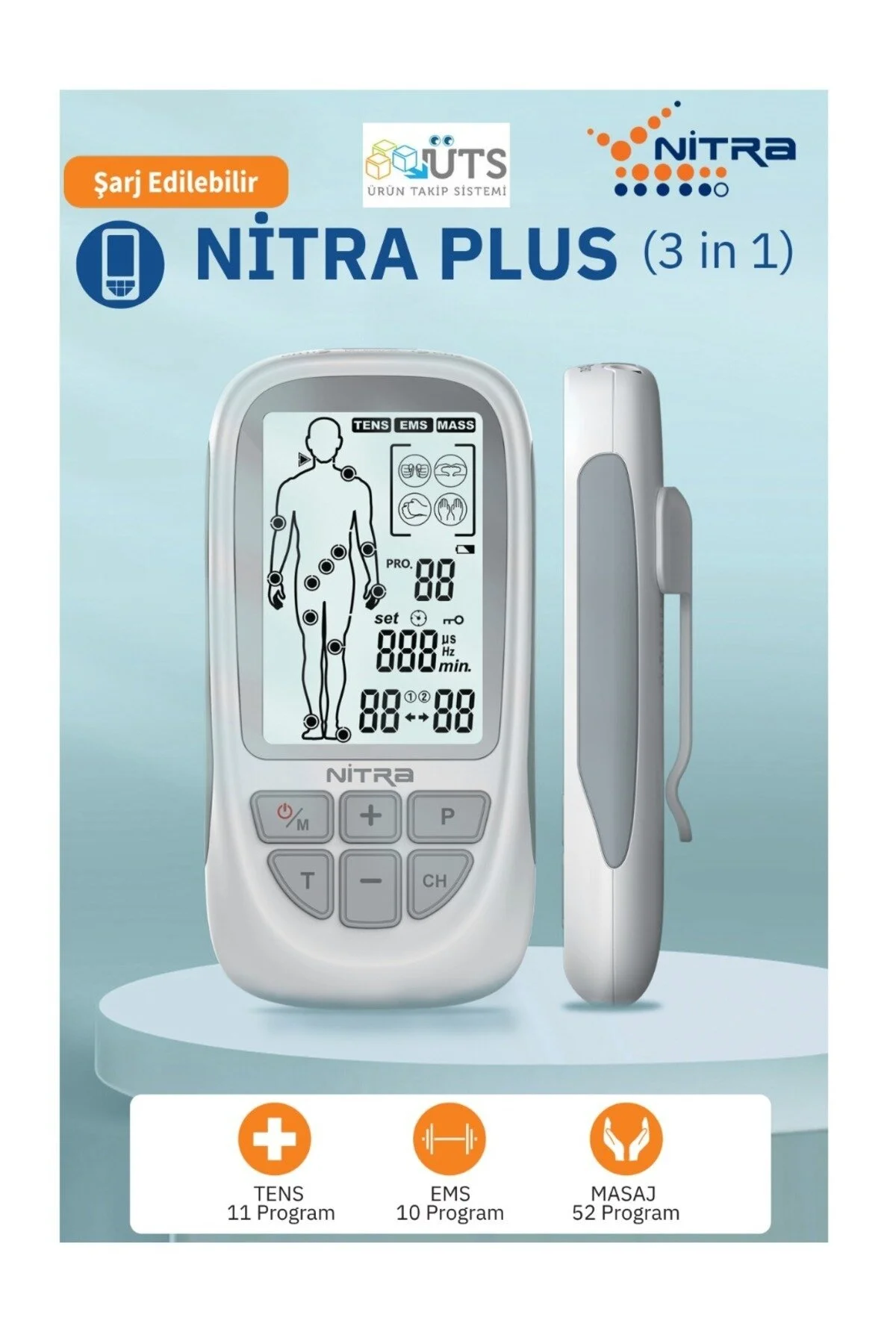 NitraPlus Şarj Edilebilir 2 Kanallı Fizik Tedavi Tens Cihazı Dijital Portatif Tens Ems Masaj Cihazı 73 Programlı