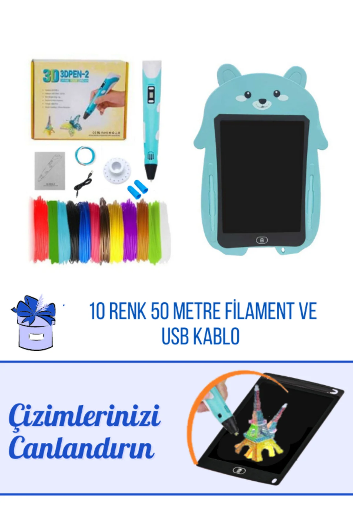 ORH 3d Kalem Pen Usb Kablolu Üç Boyutlu Yazıcı Kalem Printer Ve Mavi Panda Grafik Tablet- Mavi