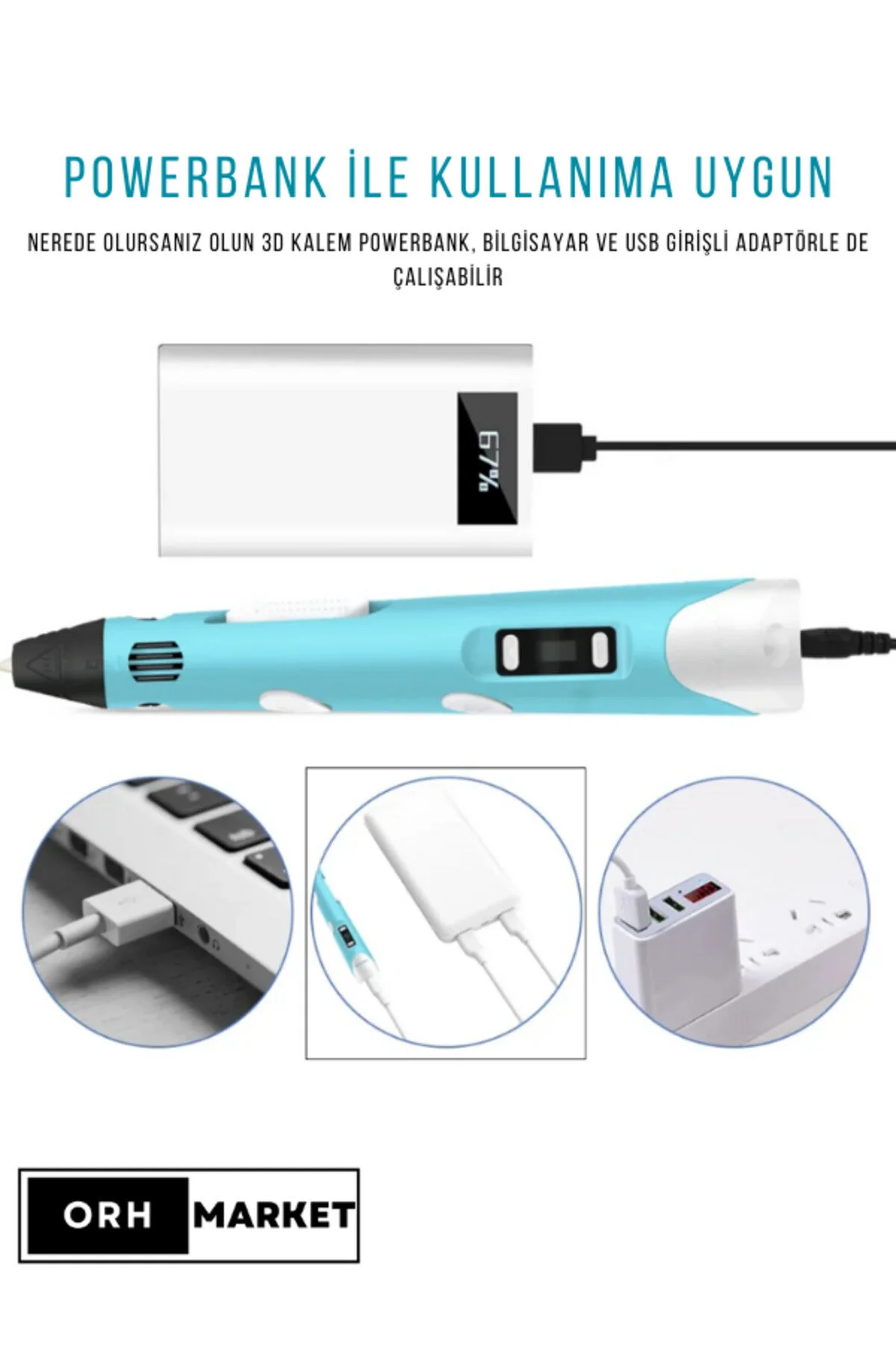 ORH 3d Kalem Pen Usb Kablolu Üç Boyutlu Yazıcı Kalem Printer Ve Mavi Panda Grafik Tablet- Mavi