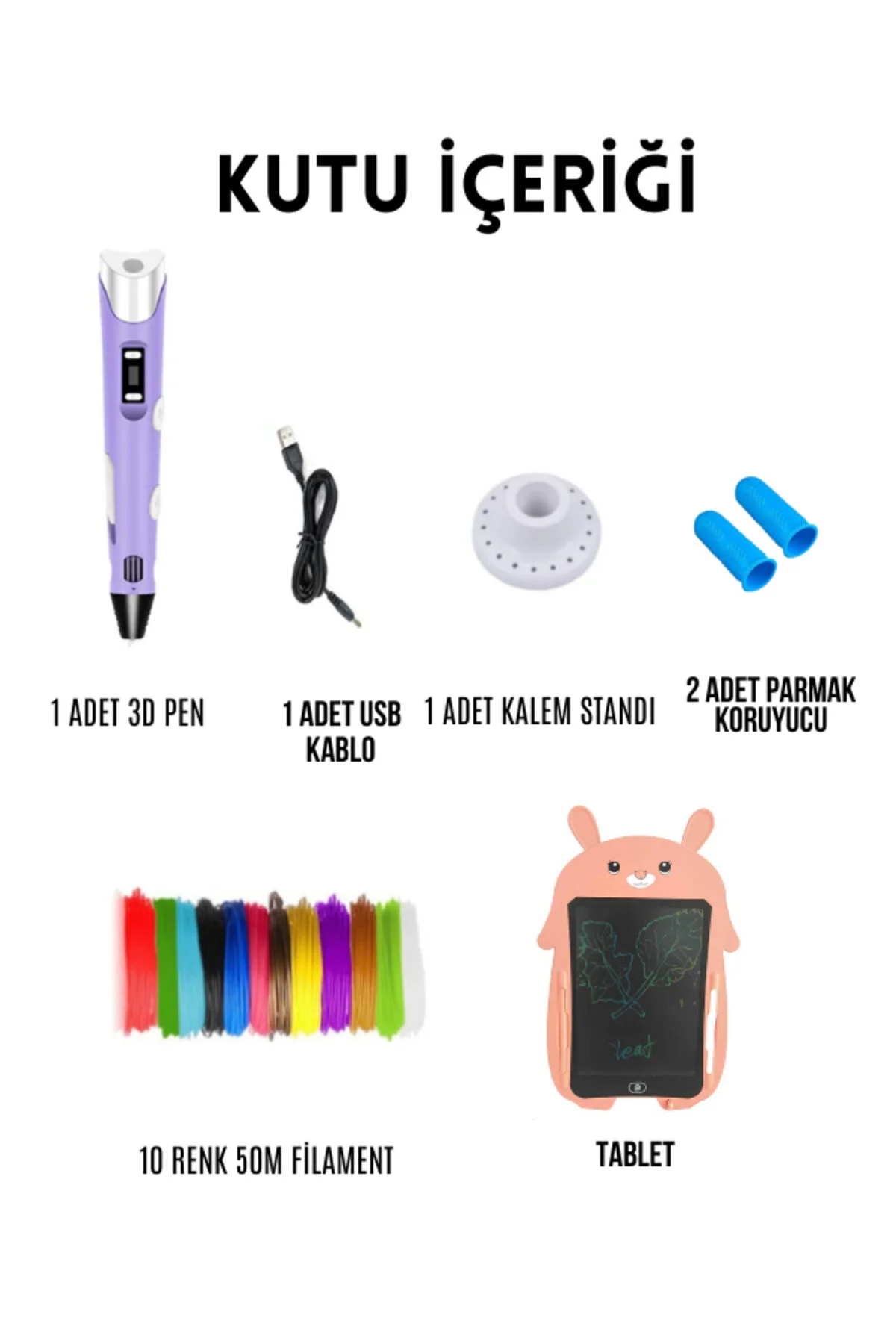 ORH Pembe Tavşan Grafik Tablet Ve Mor 3d Kalem 3d Pen Usb Kablolu Üç Boyutlu Yazıcı Kalem Printer Set