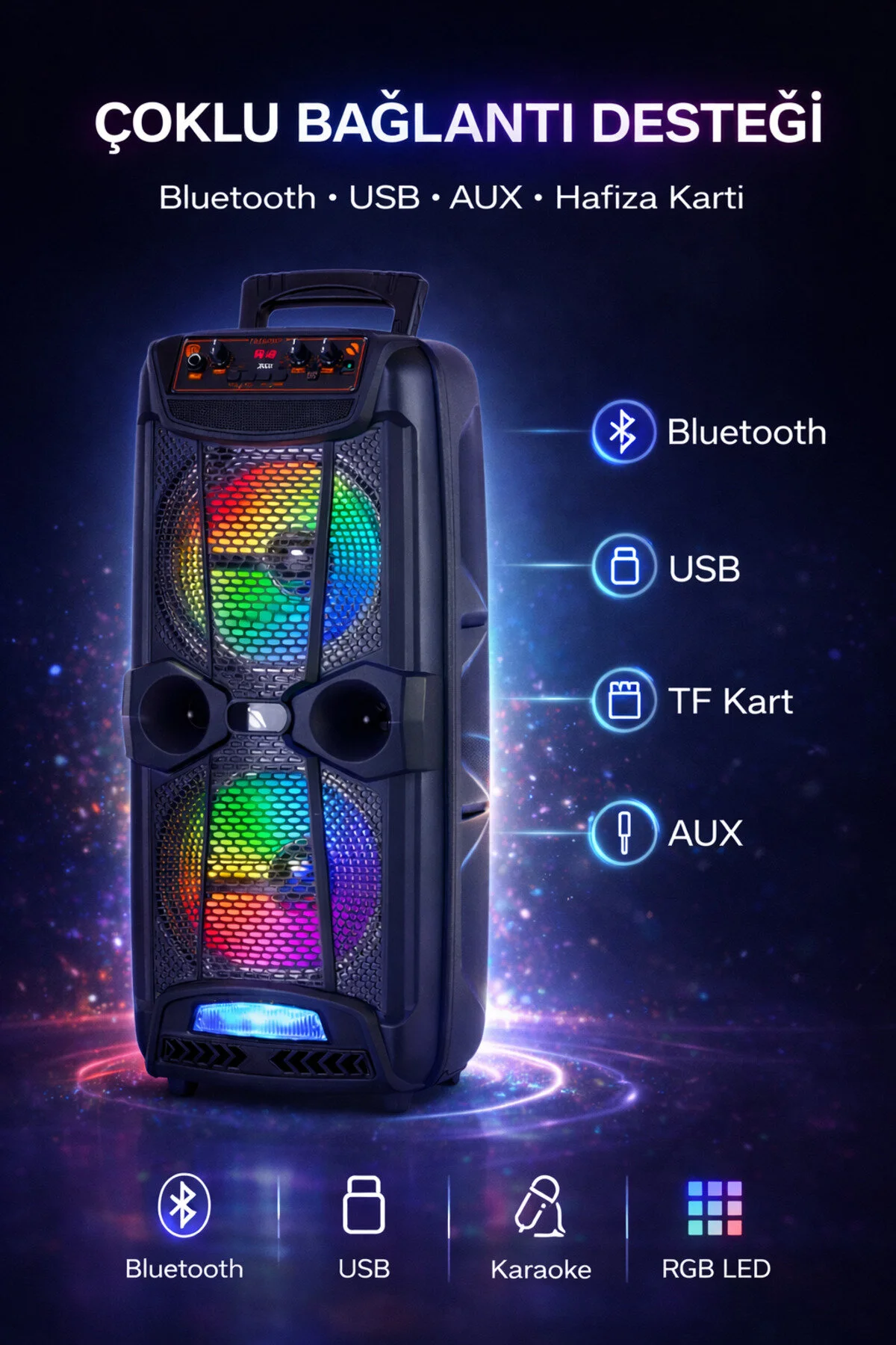 OWWOTECH A Bass Usb Fm Bt Kablolu Mikrofon Rgb Led Toplantı Parti Eğlence Ses Sistemi