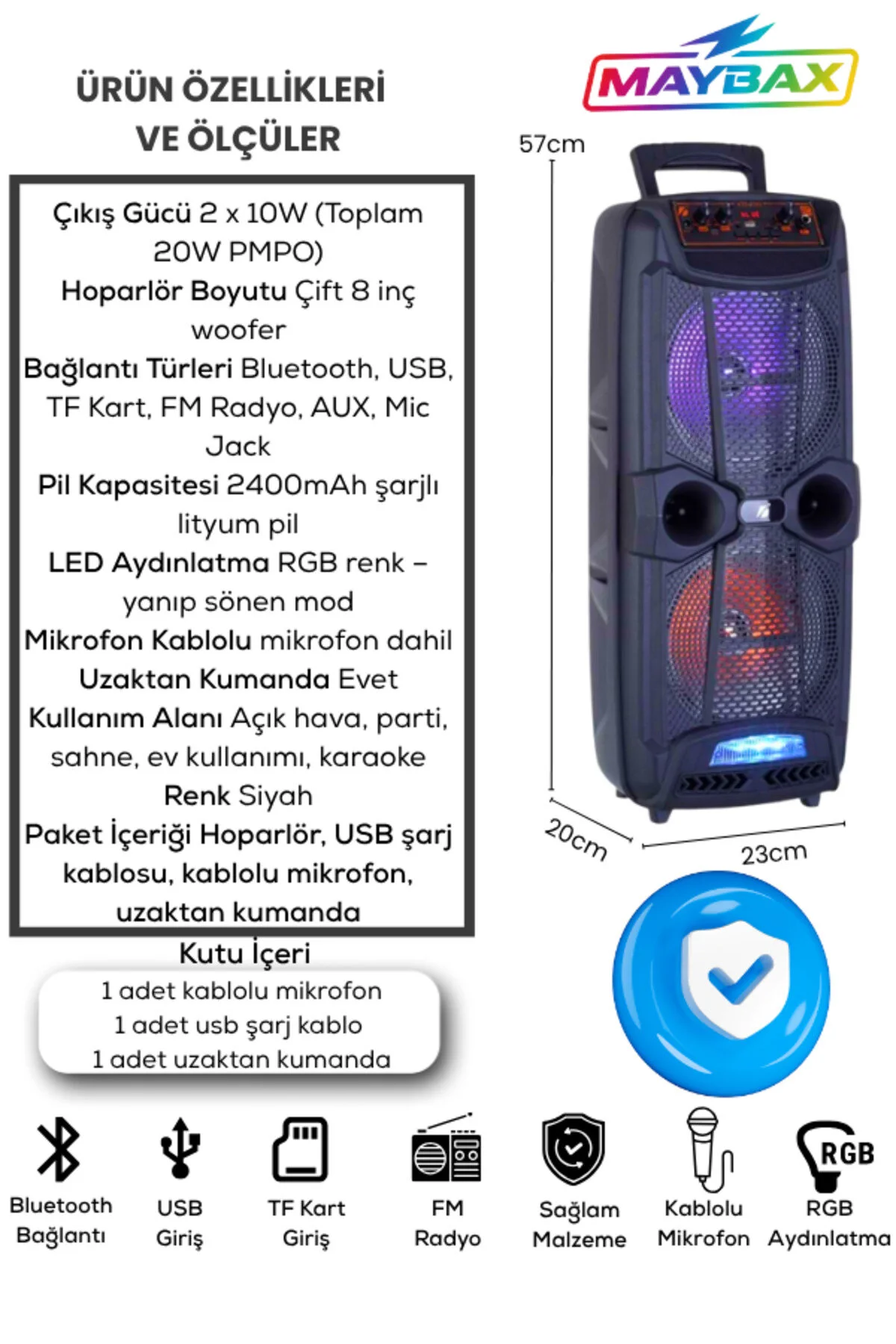 OWWOTECH A Bass Usb Fm Bt Kablolu Mikrofon Rgb Led Toplantı Parti Eğlence Ses Sistemi