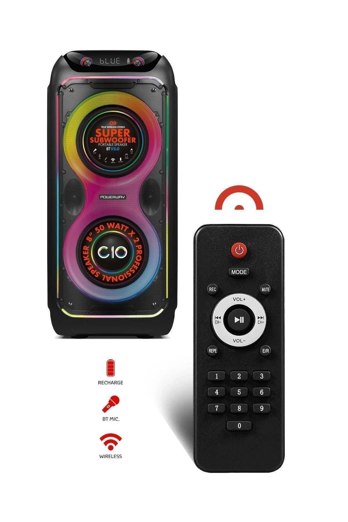 Powerway CIO 100W Hoparlör Gitar Saz Girişli Karaoke Parti Ses Sistemi 80 CM Dijital Ekran +Bass Pro