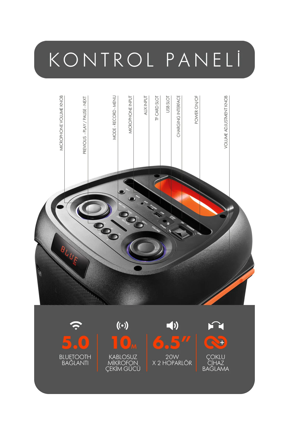 Powerway Duo Taşınabilir Mikrofonlu 20x2 W Karaoke Ses Kayıt Bluetooth Hoparlör Led Işıklı