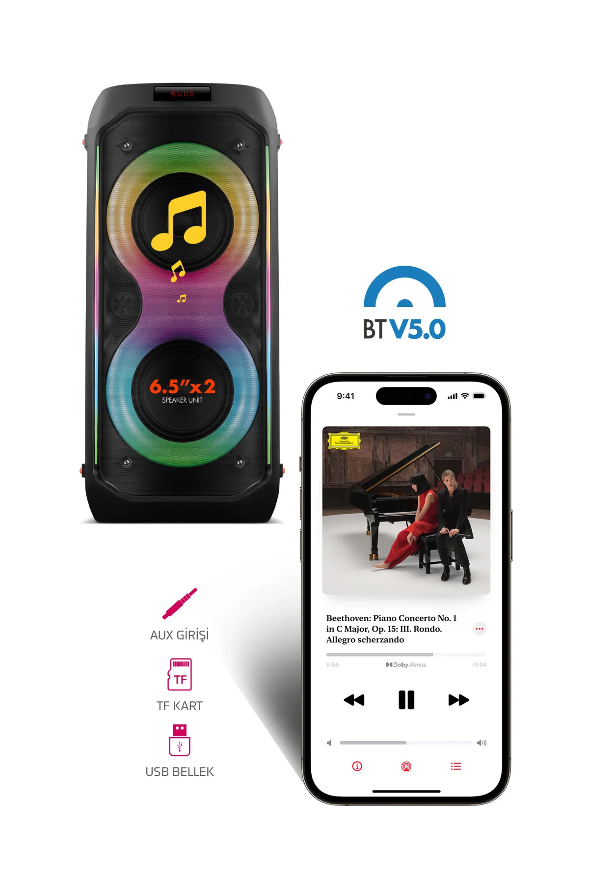 Powerway Duo Taşınabilir Mikrofonlu 20x2 W Karaoke Ses Kayıt Bluetooth Hoparlör Led Işıklı
