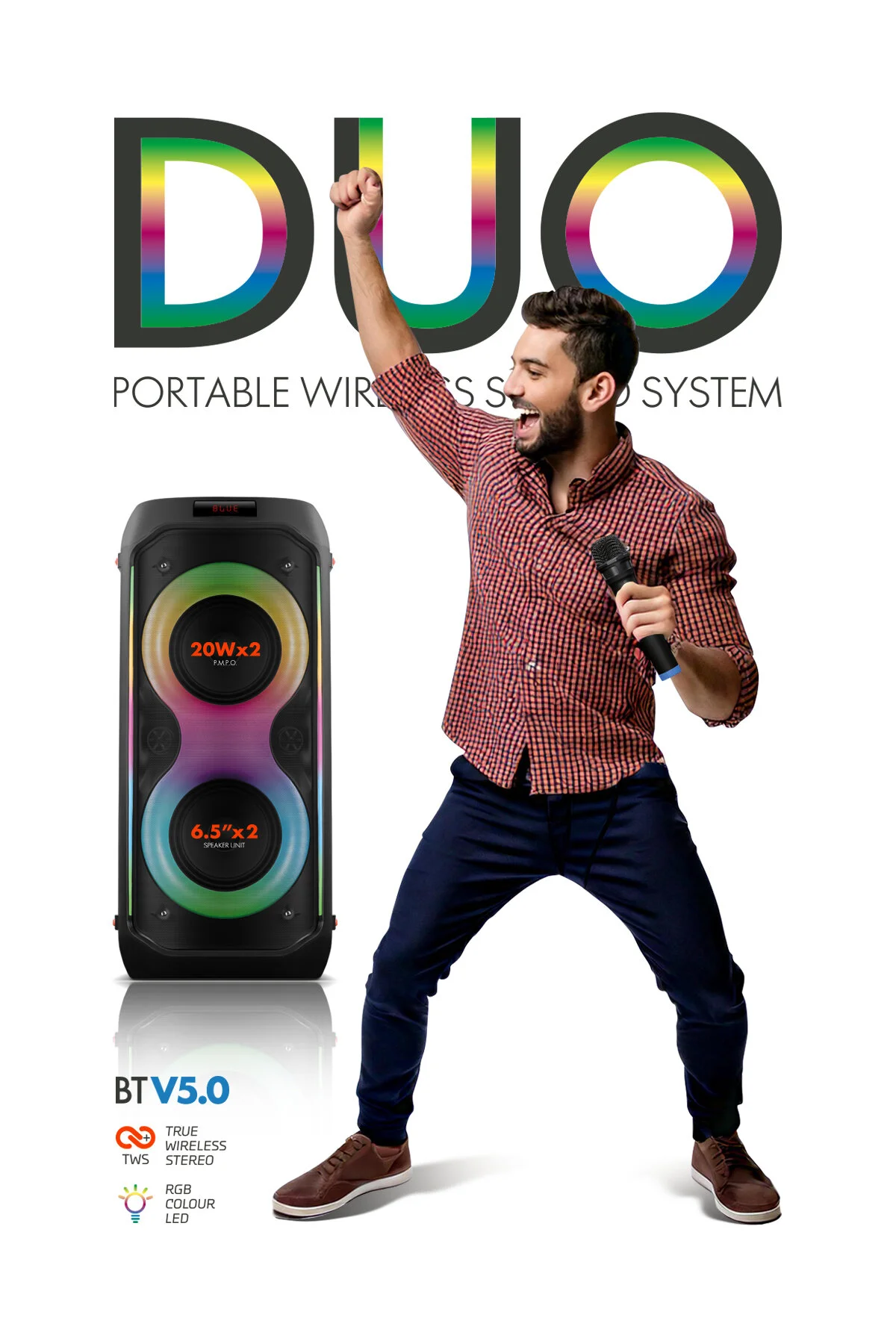 Powerway Duo Taşınabilir Mikrofonlu 20x2 W Karaoke Ses Kayıt Bluetooth Hoparlör Led Işıklı