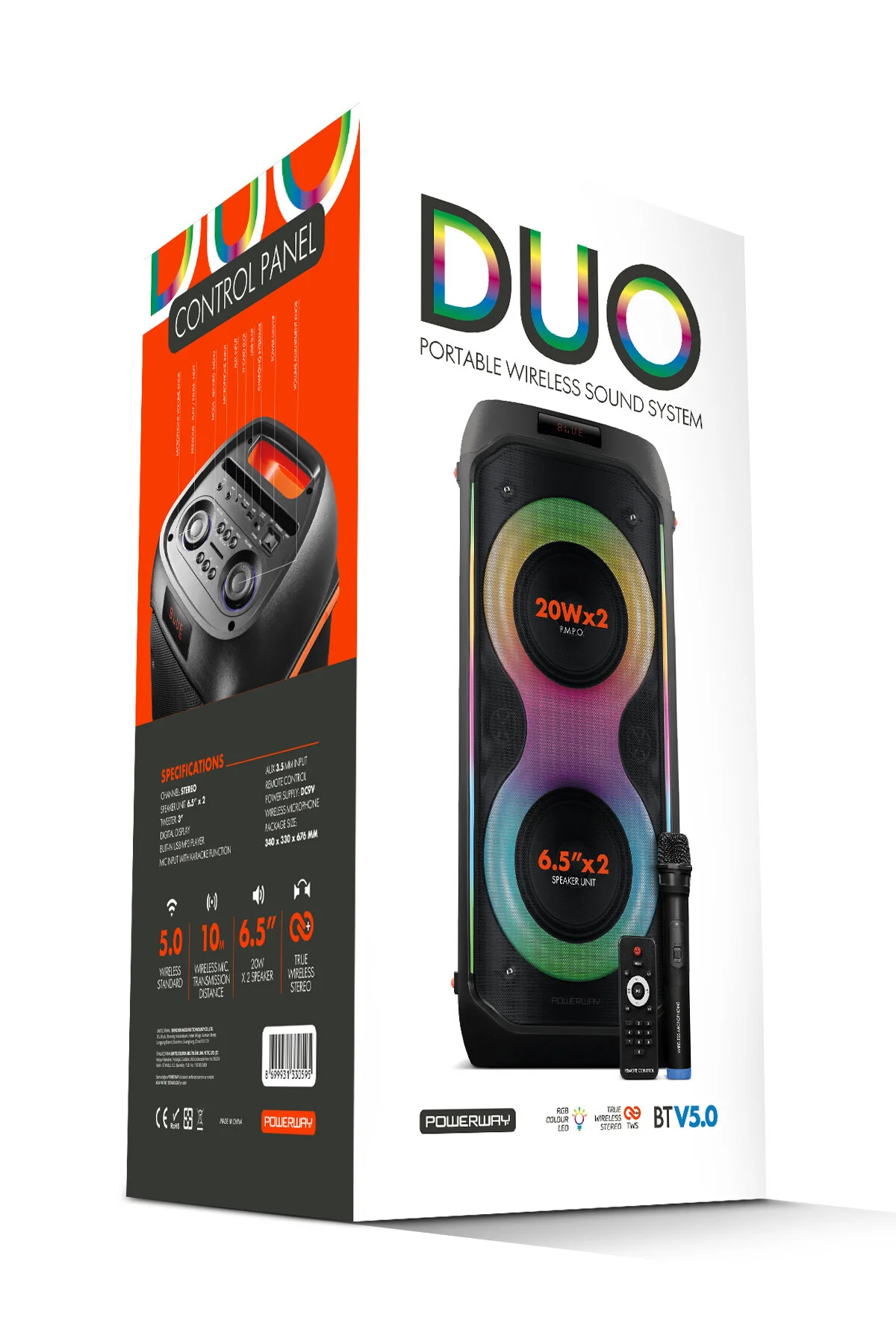 Powerway Duo Taşınabilir Mikrofonlu 20x2 W Karaoke Ses Kayıt Bluetooth Hoparlör Led Işıklı